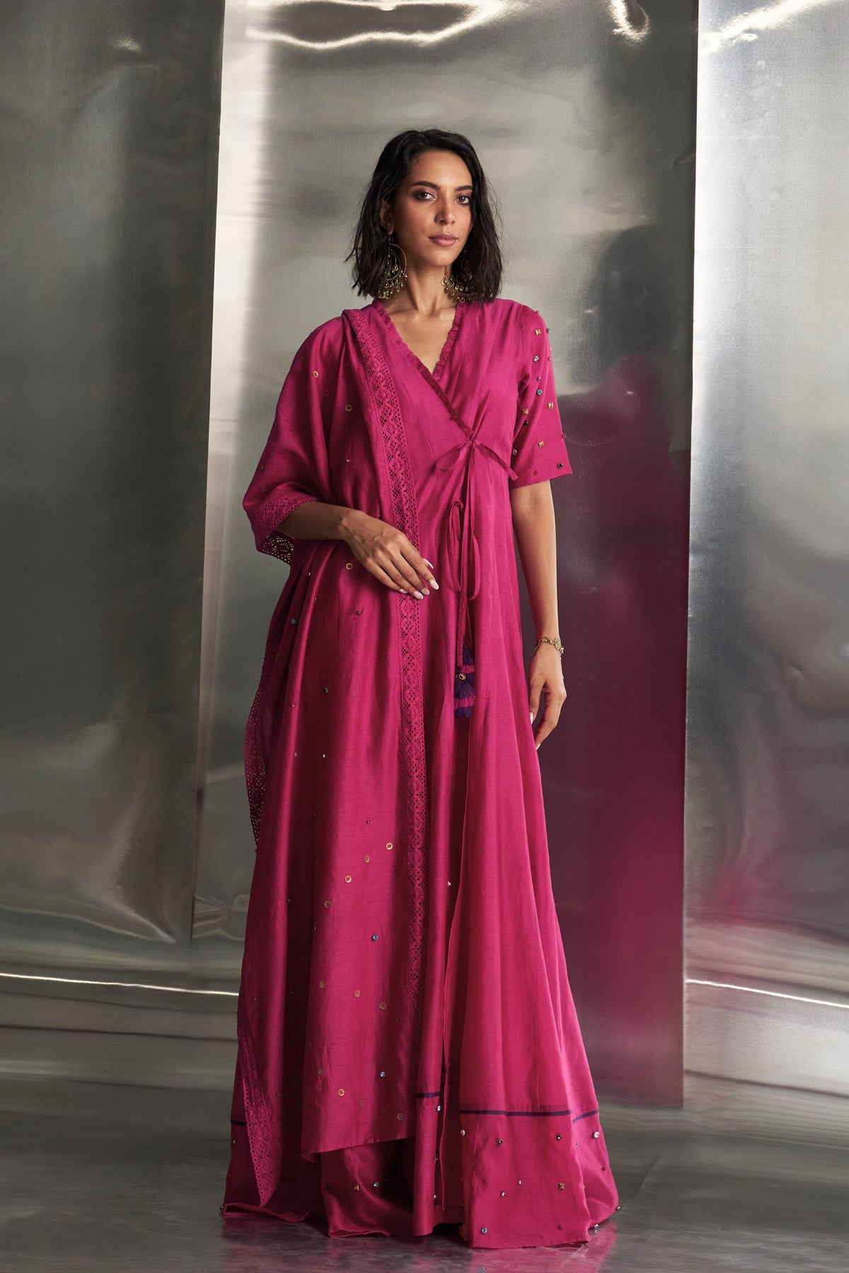 Pop Pink Tie-up Anarkali Set