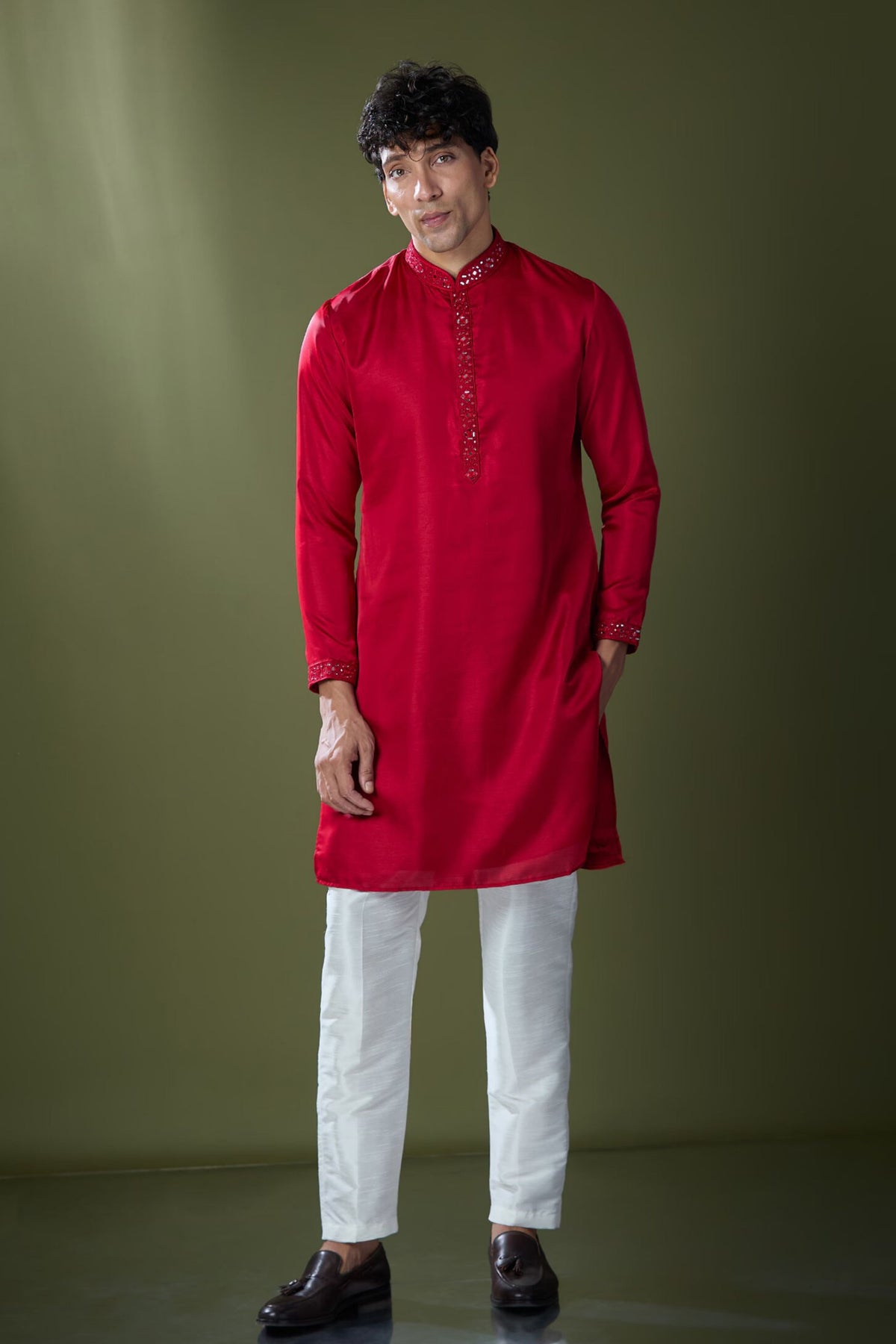 Cherry Red Mirror Embroidered Kurta Set