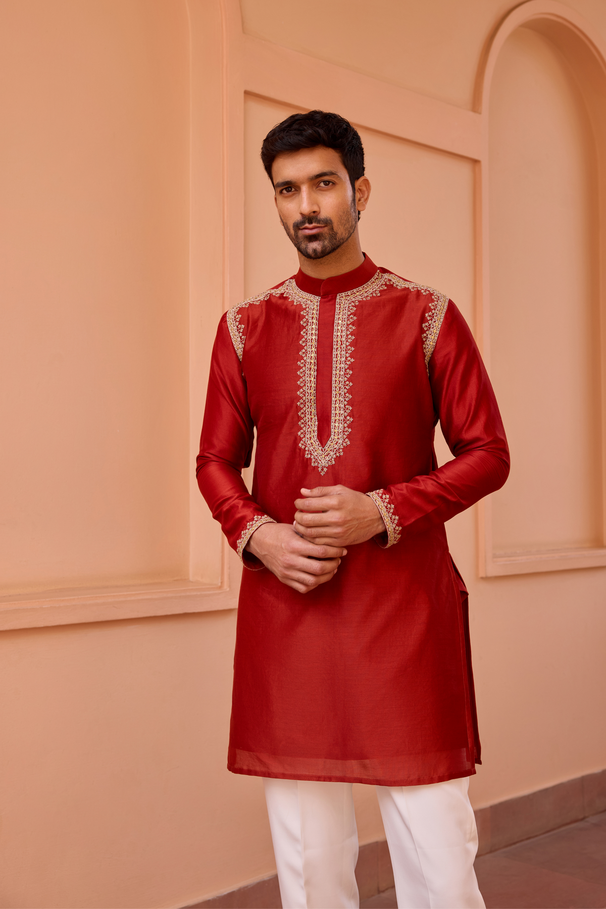 Red dori and hand embroidered silk kurta