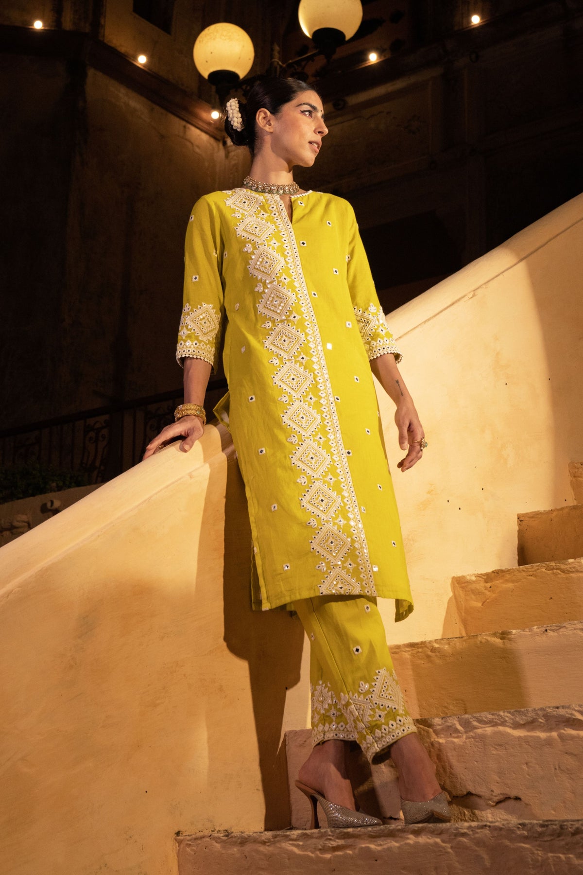 Neon Green Diamond Kurta Set