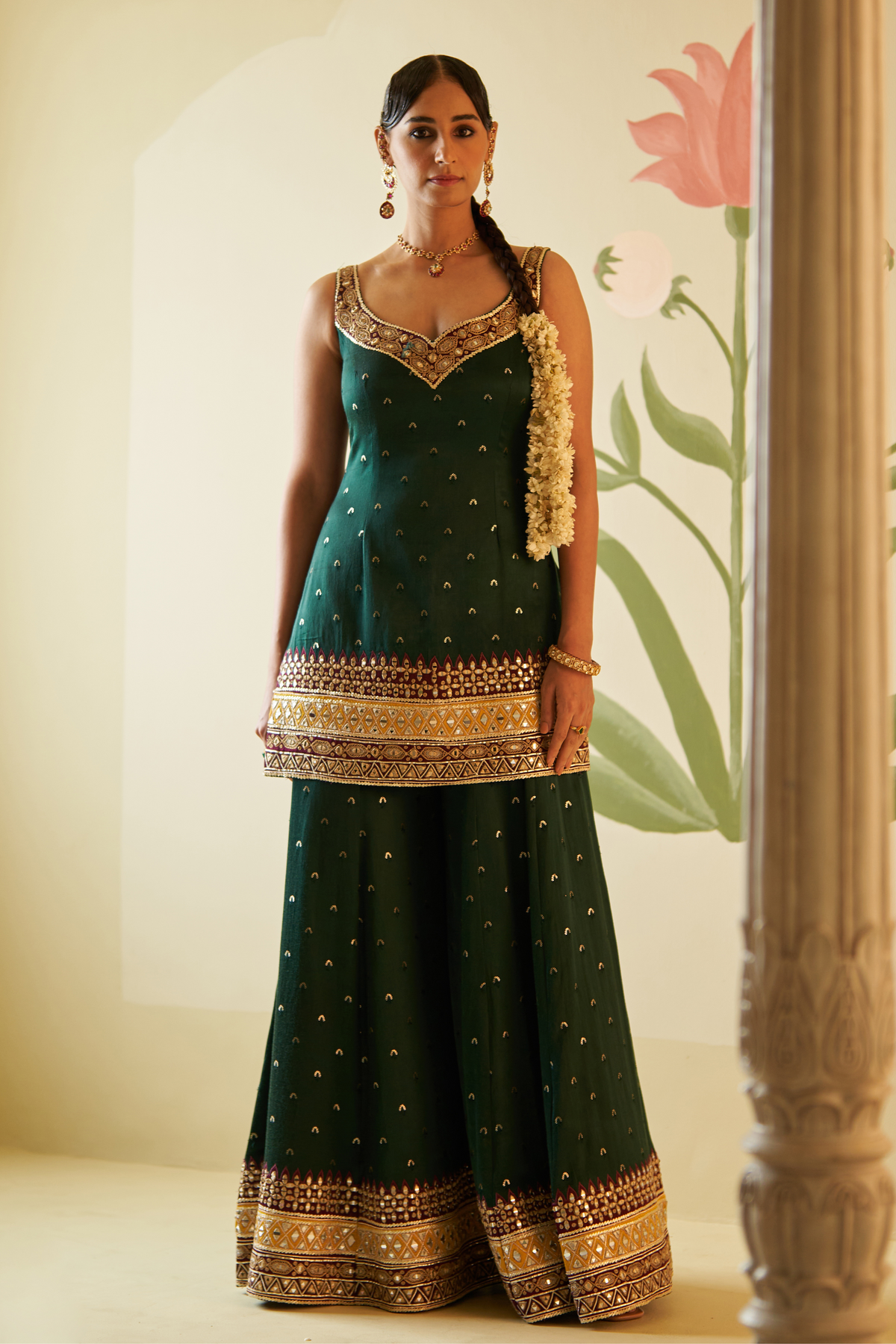 Green Satin Sharara Set