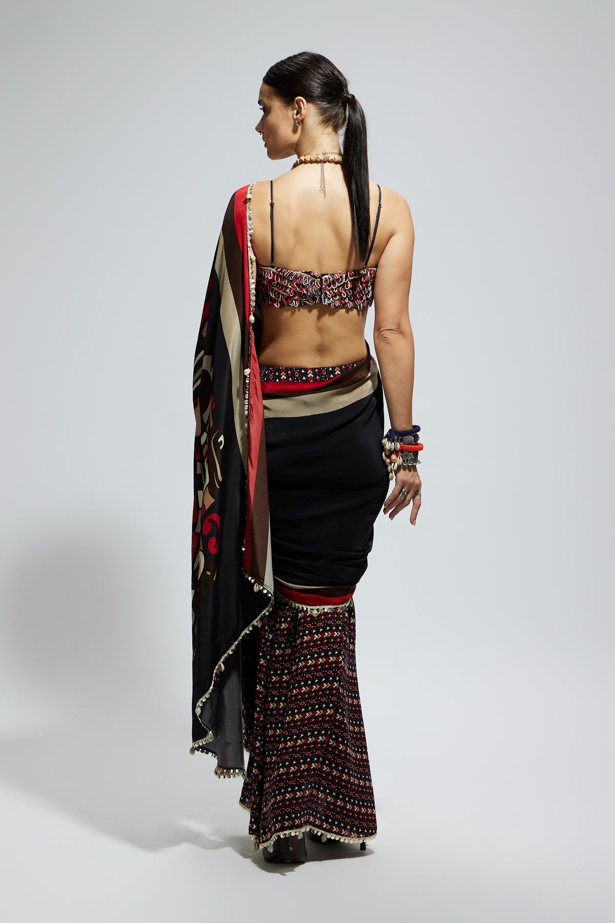 Black Mask Cascade Saree Set