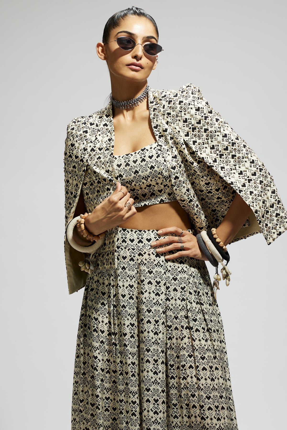 White Geo Print Cape Jacket Set