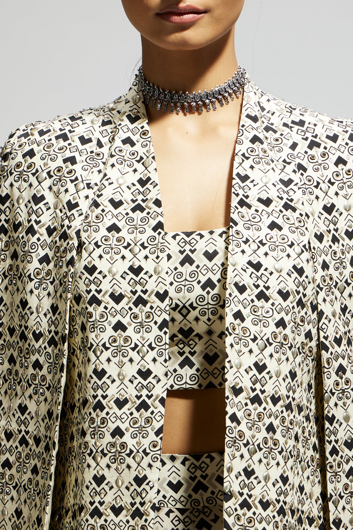 White Geo Print Cape Jacket Set