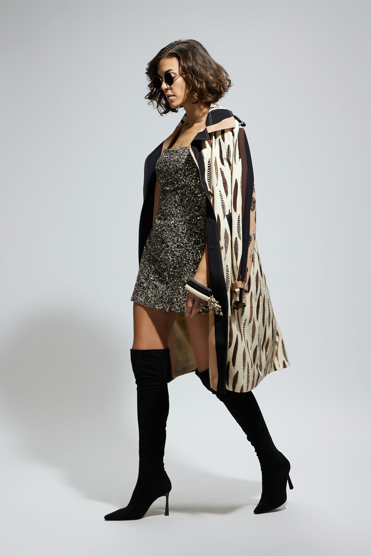 Mask and Feather Print Trench Coat