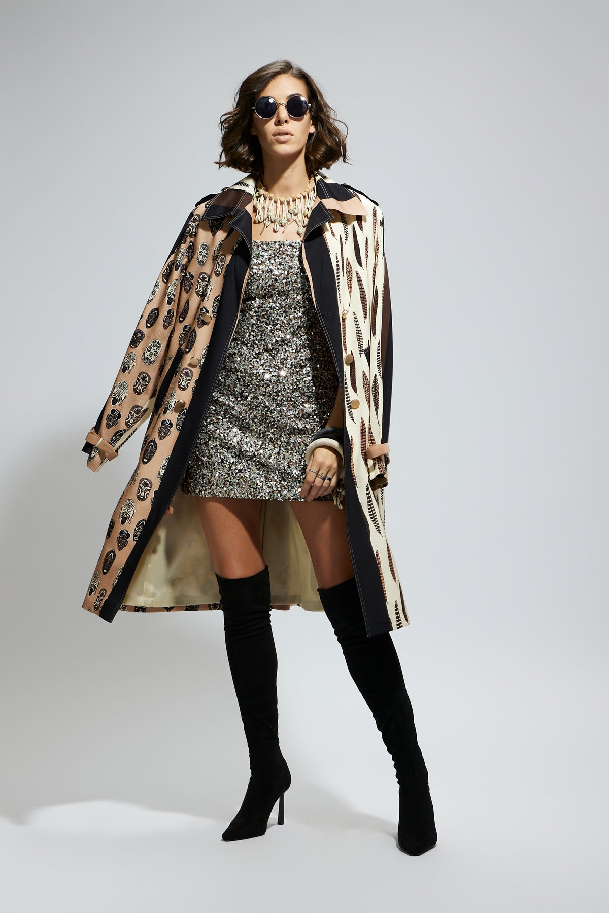 Mask and Feather Print Trench Coat