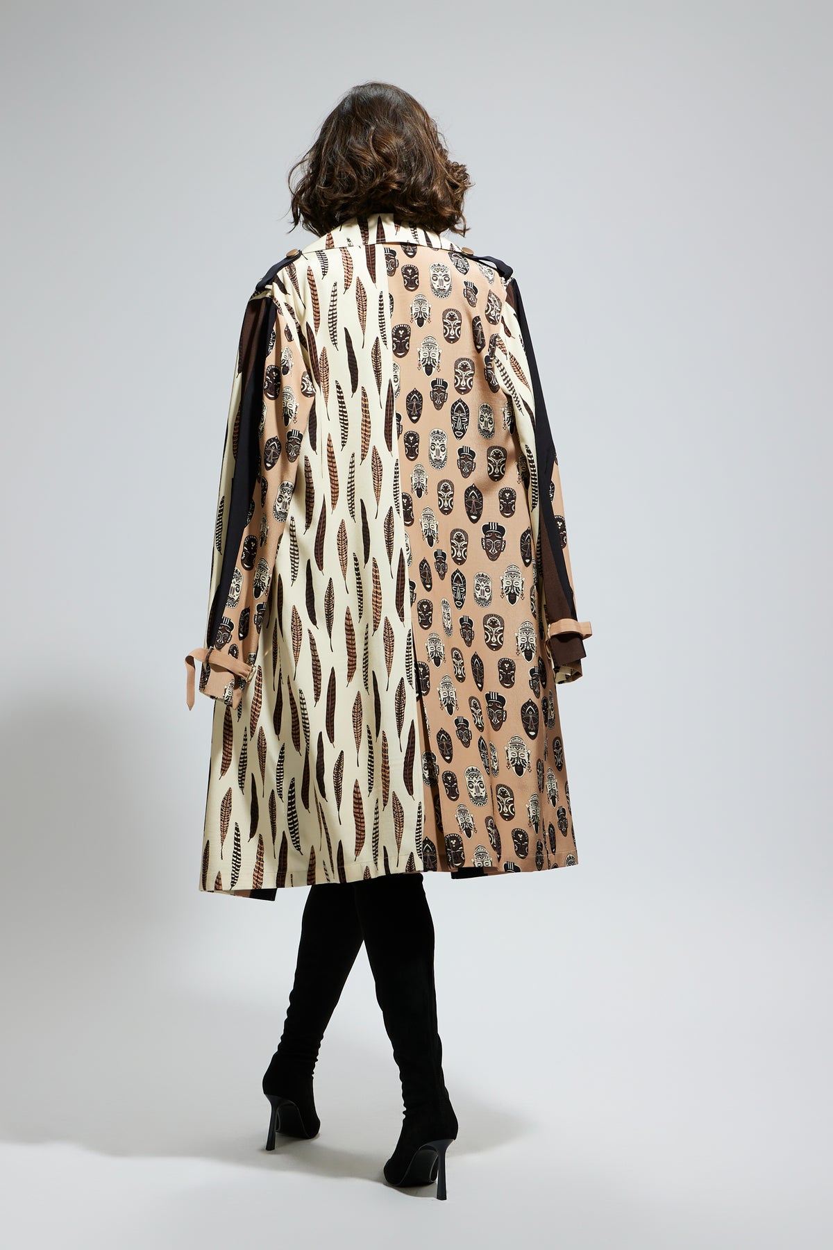 Mask and Feather Print Trench Coat