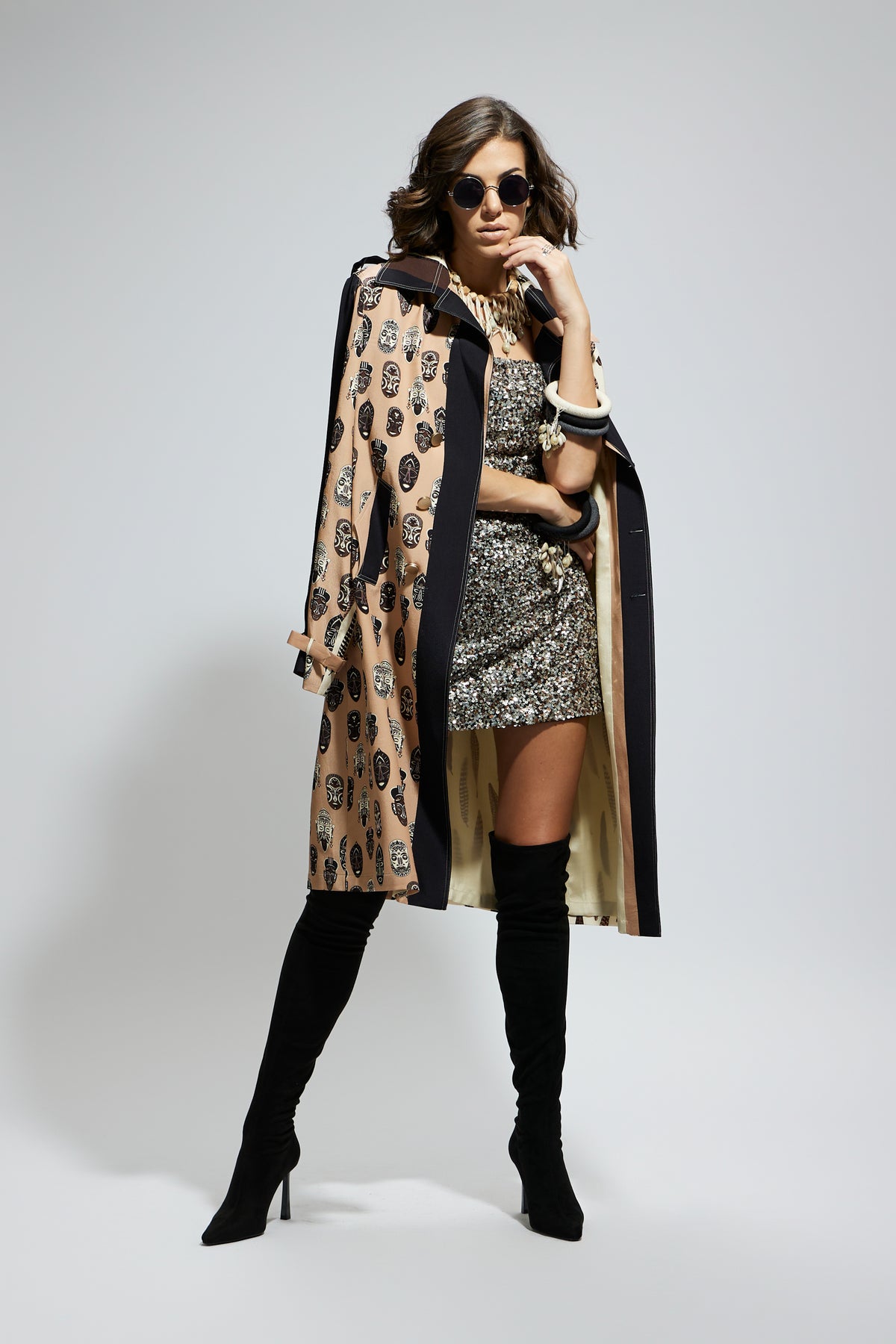 Mask and Feather Print Trench Coat