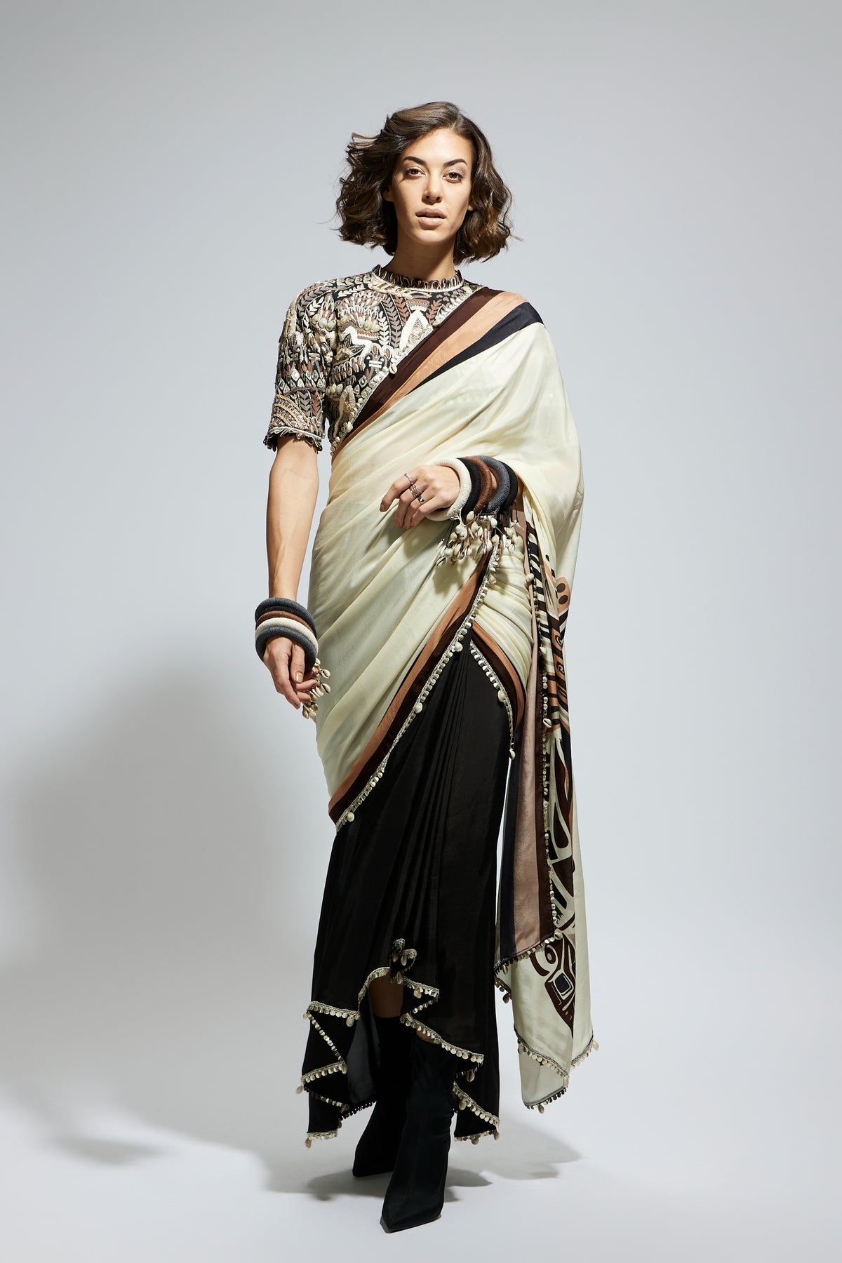 Mask Print Cascade Saree Set