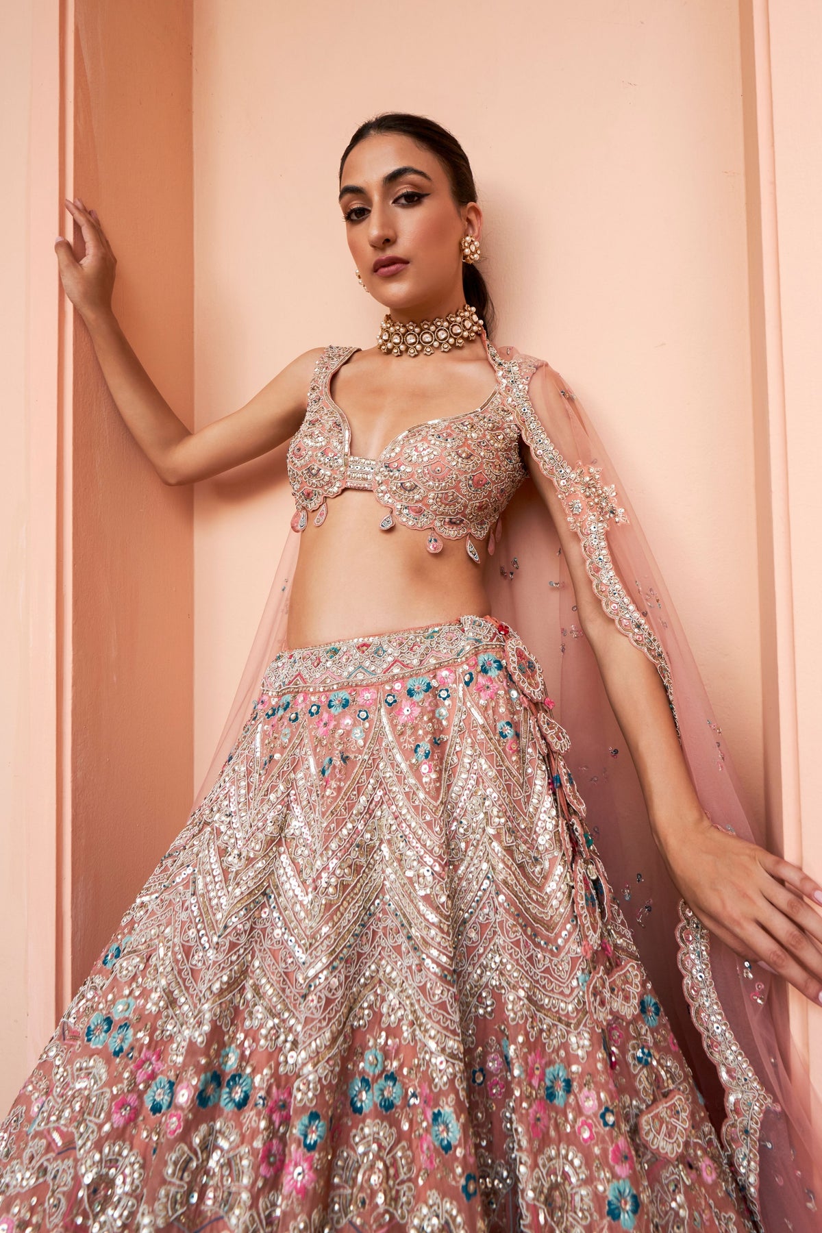 Coral Embroidered Lehenga Set