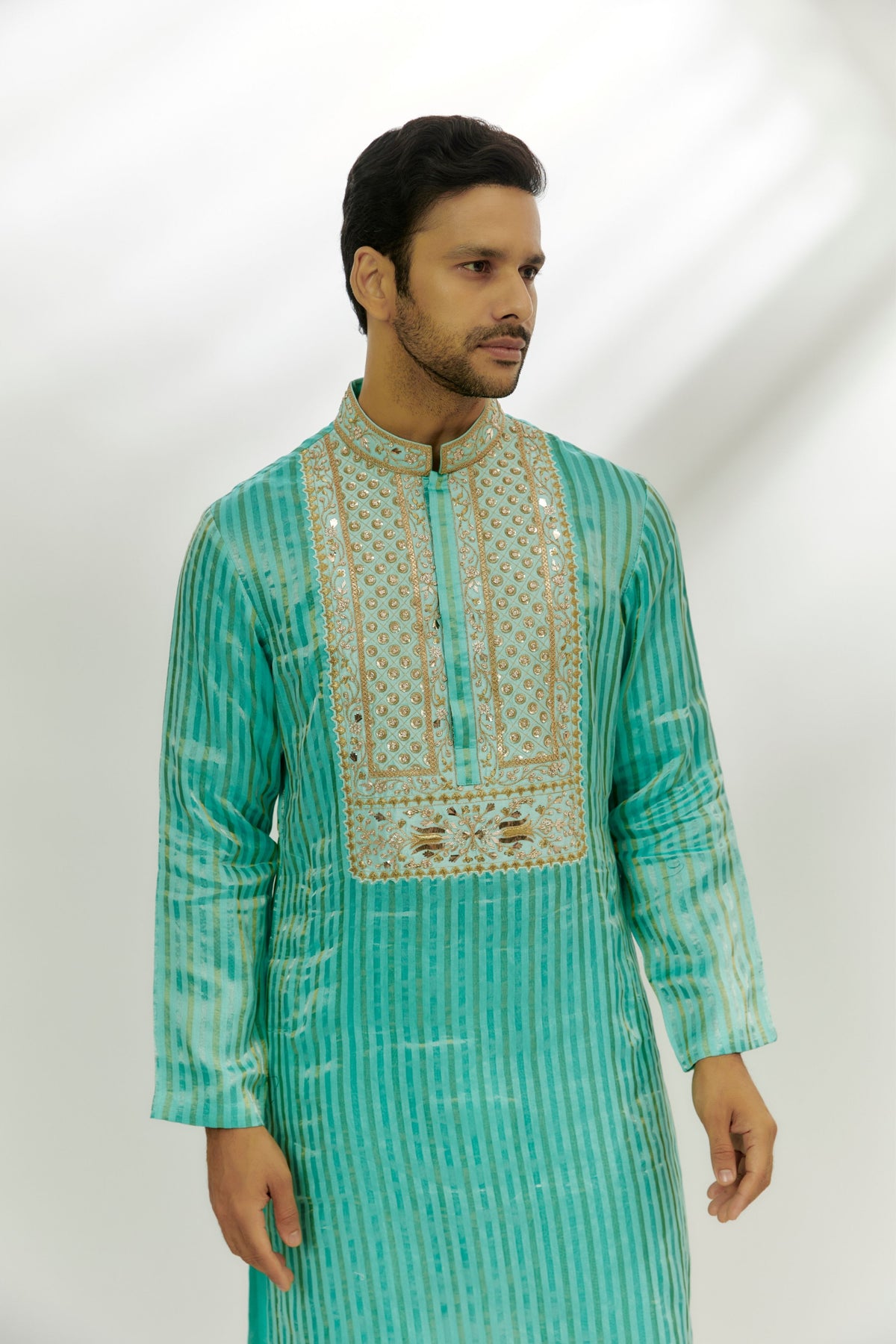 Cyan Blue Chanderi Silk Embroidered Kurta