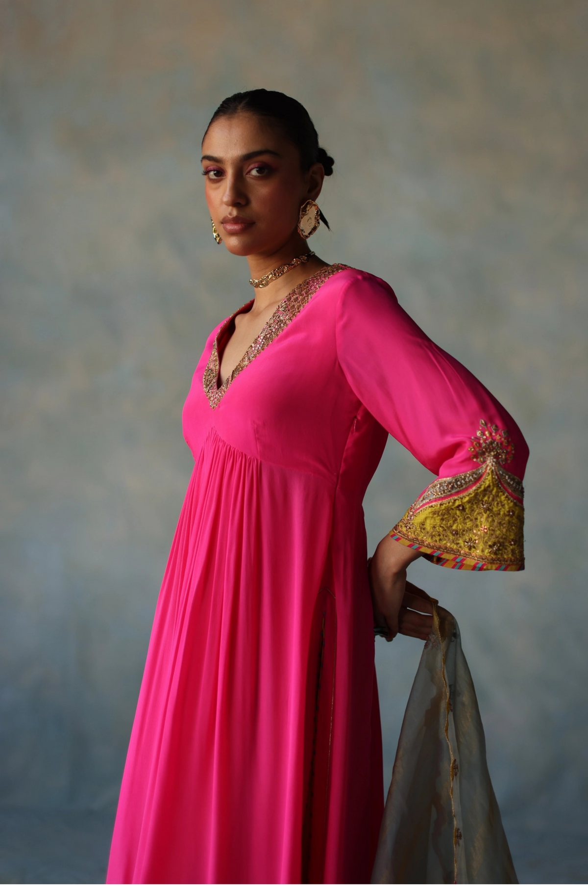 Gul Hot Pink Bell Sleeve Crepe Kurta Set