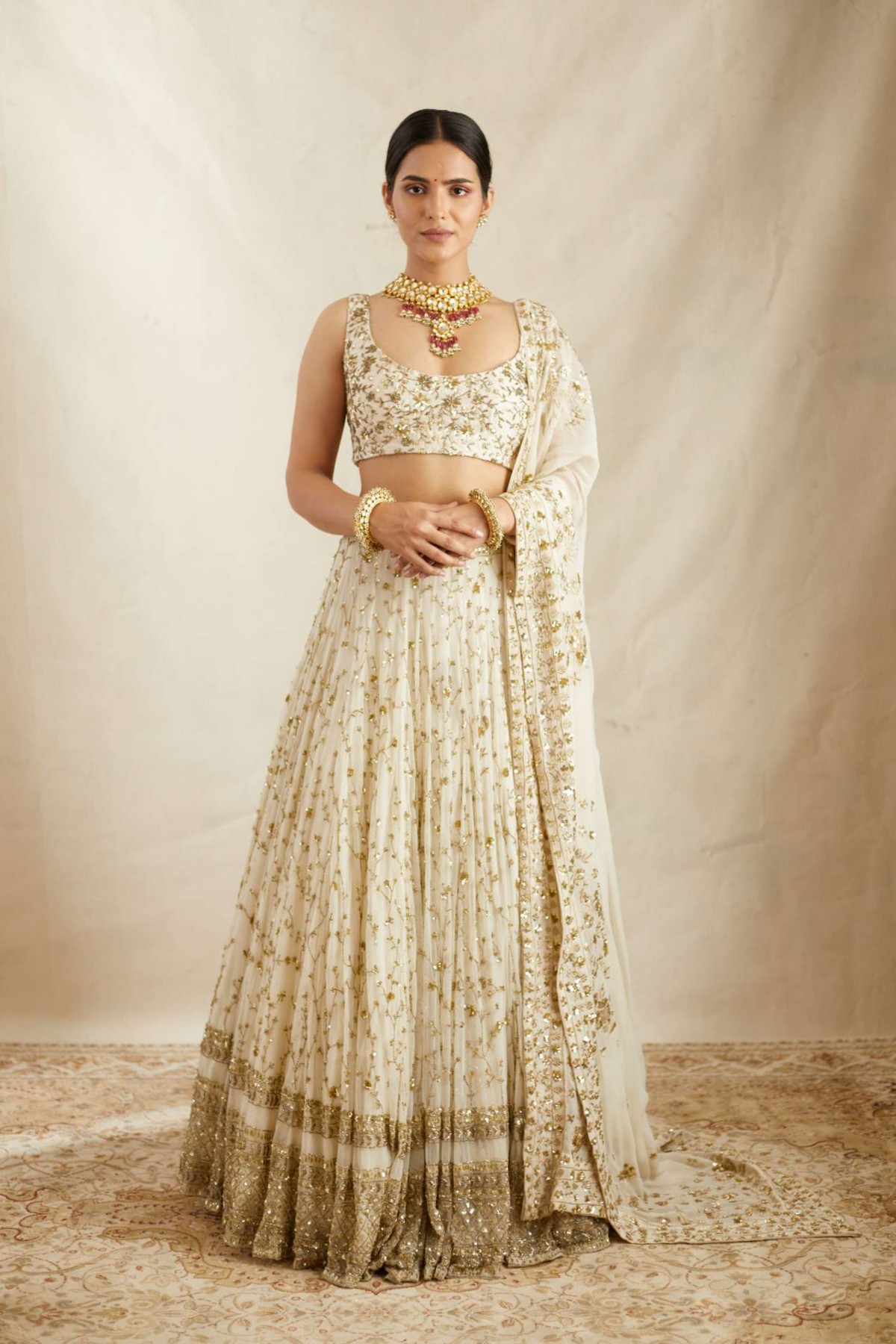 Off White Net Border Lehenga Set