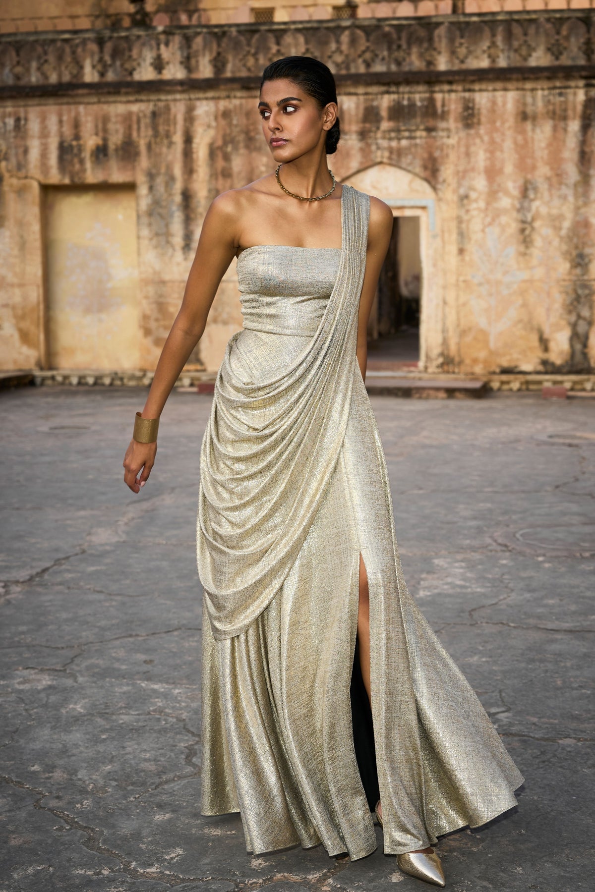 Champagne Saree Drape Gown