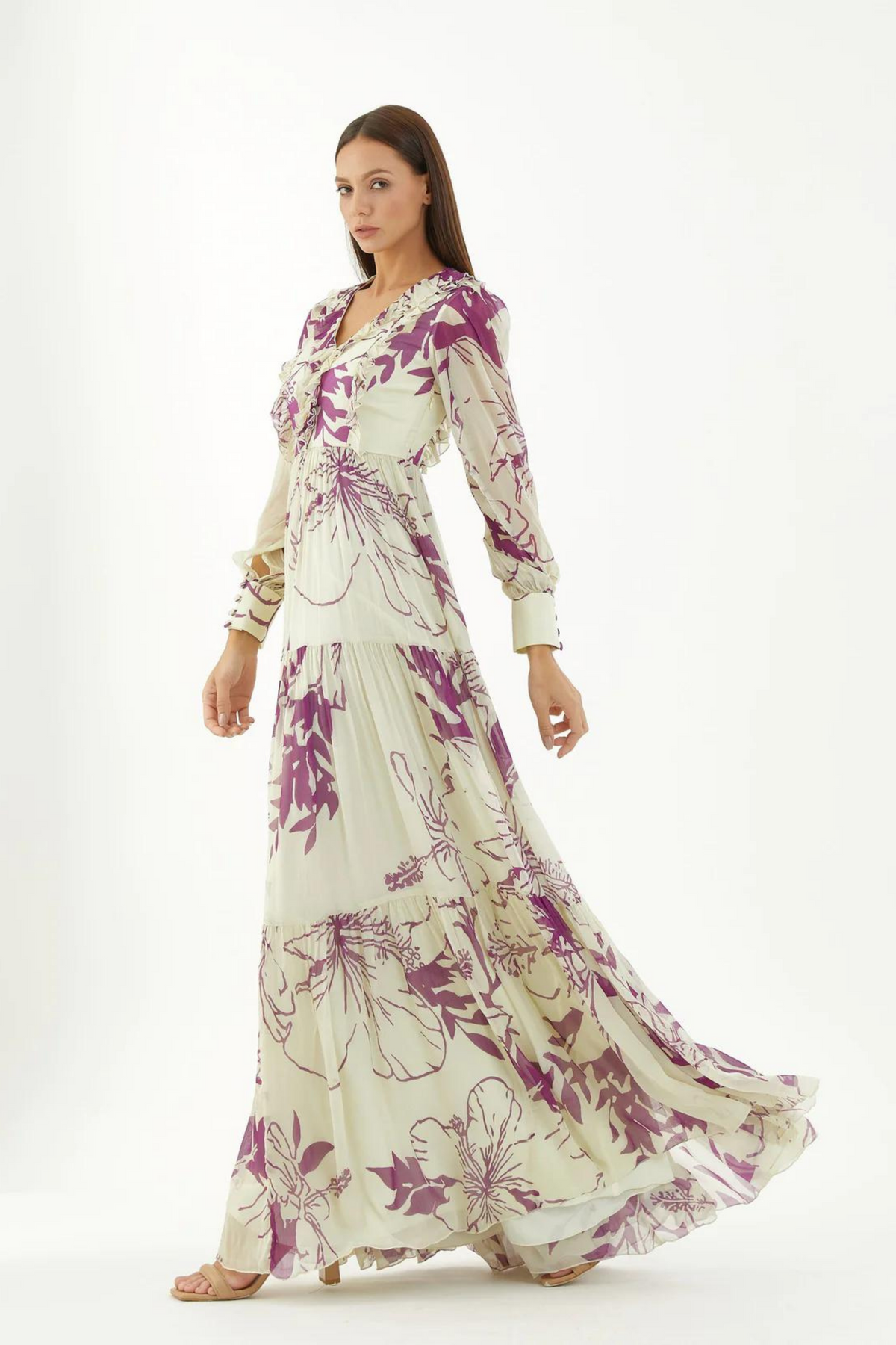 White And Purple Floral Long Dress