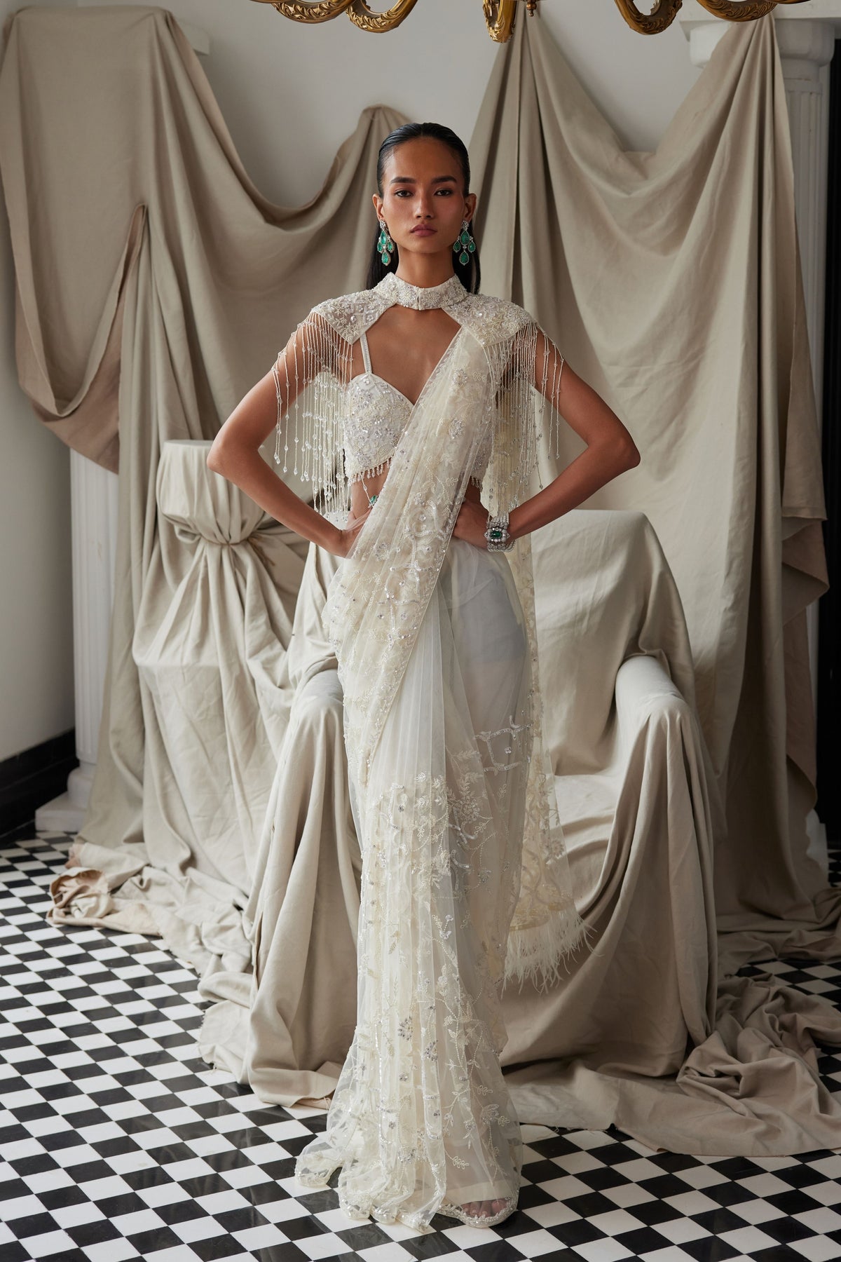 Ivory Cocktail Saree With Cape