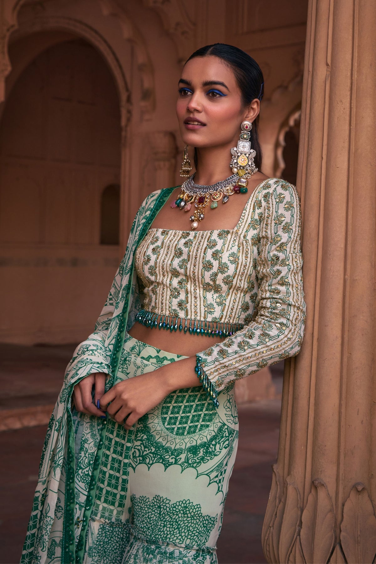 Green Embroidered Gharara Set