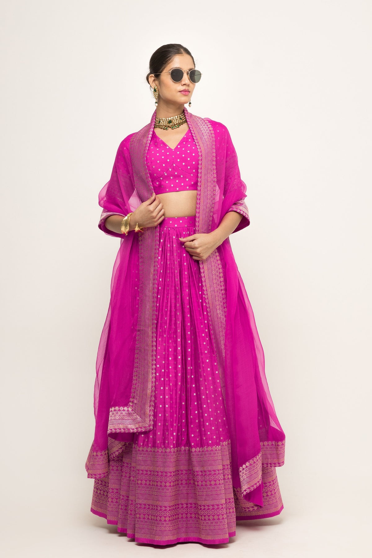 Fuschia Pink Dotted Lehenga Set