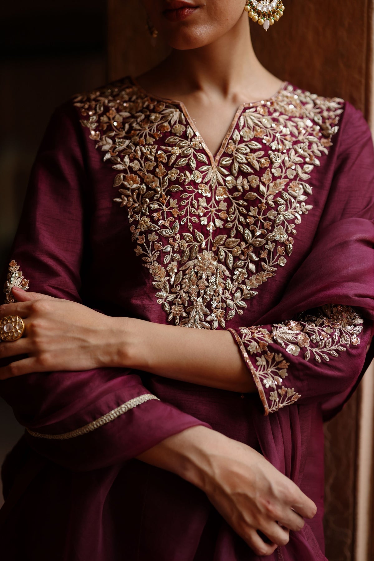 Wine Embroidered Sharara Set