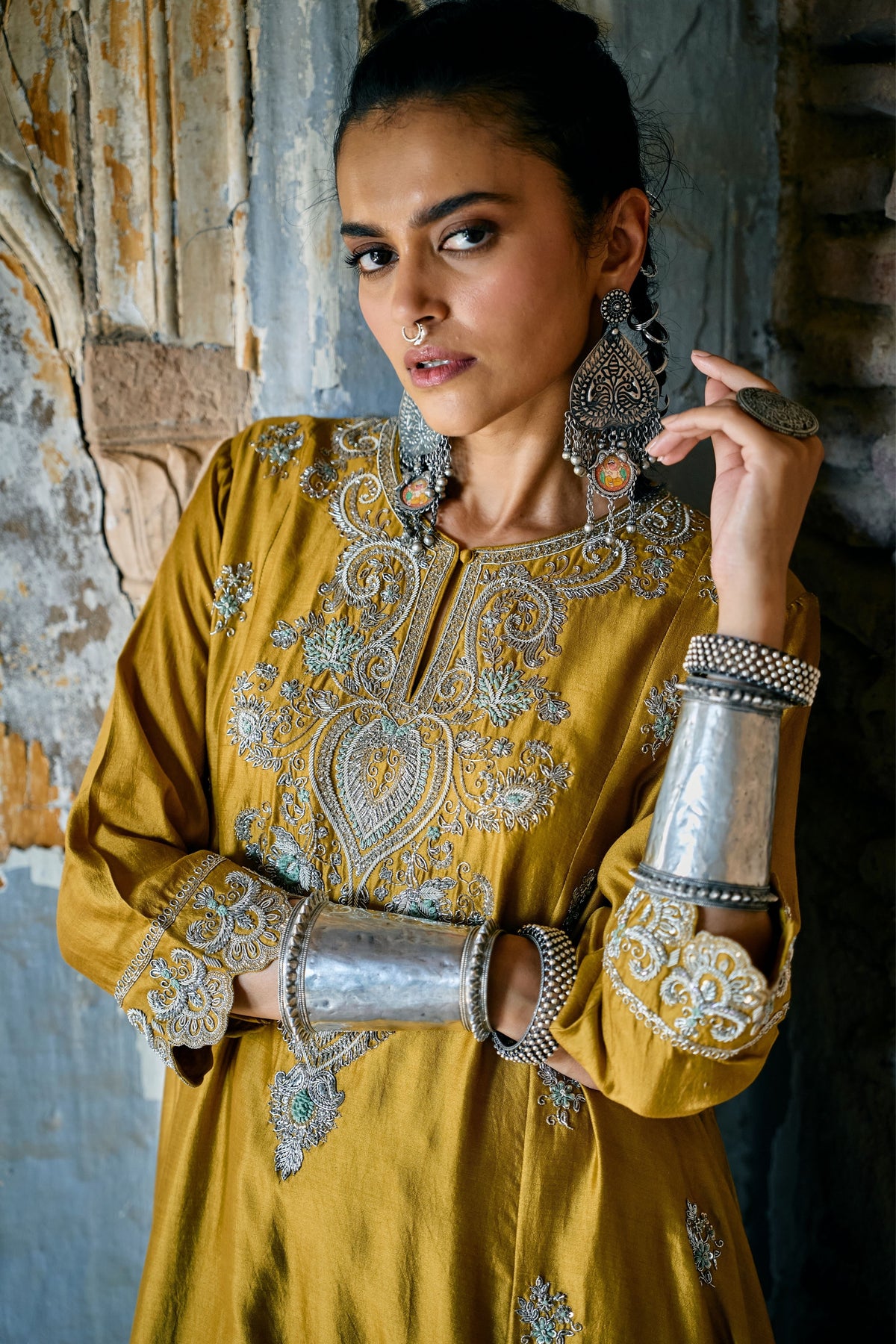 Embroidered Mustard Kurta Set