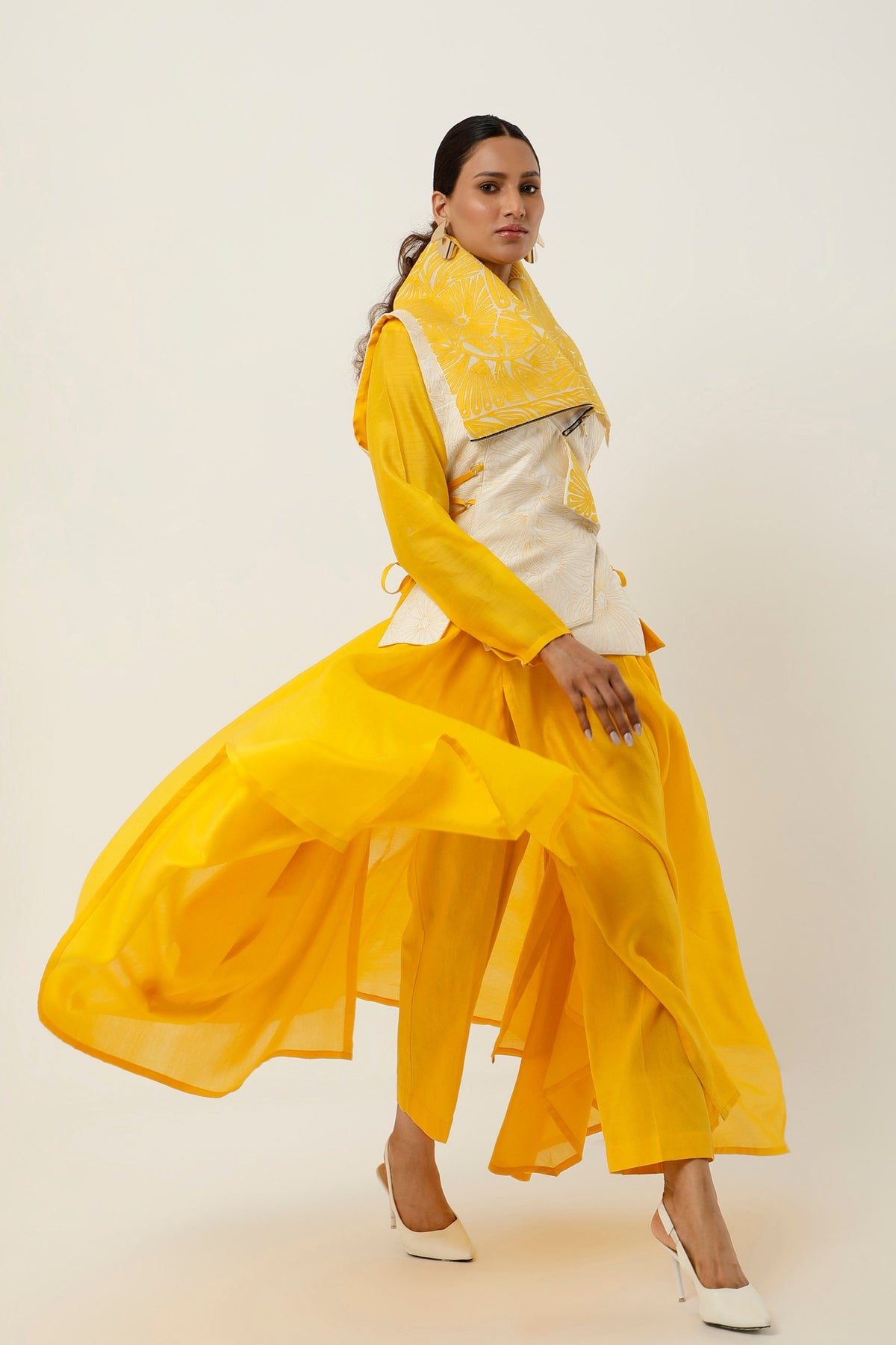 Yellow Drapped Collar Jacket Set