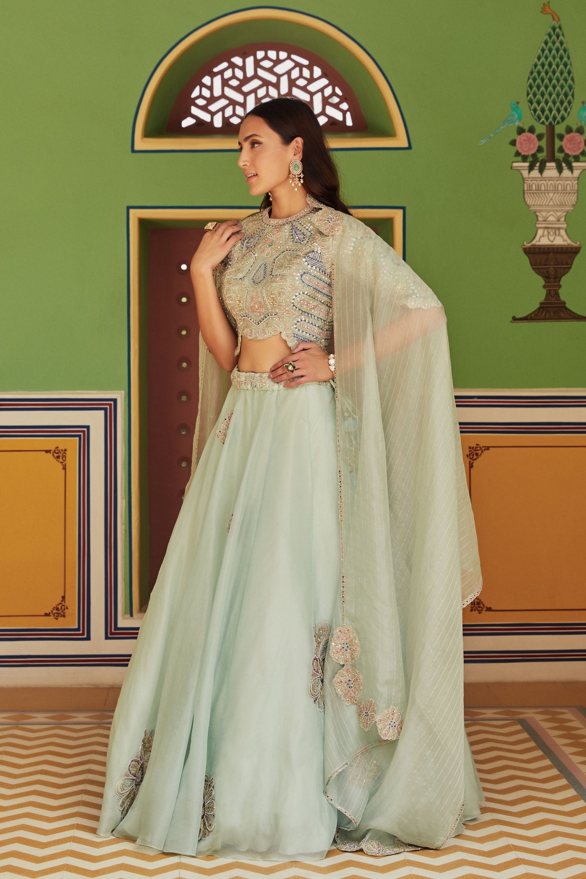 Sage embroidered organza lehenga set