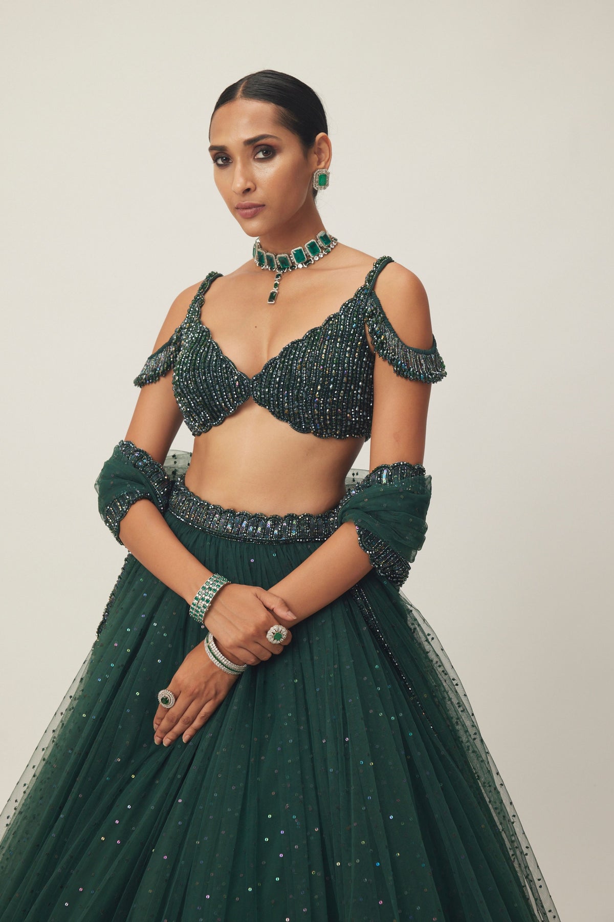 Dark Green Tulle Lehenga Set