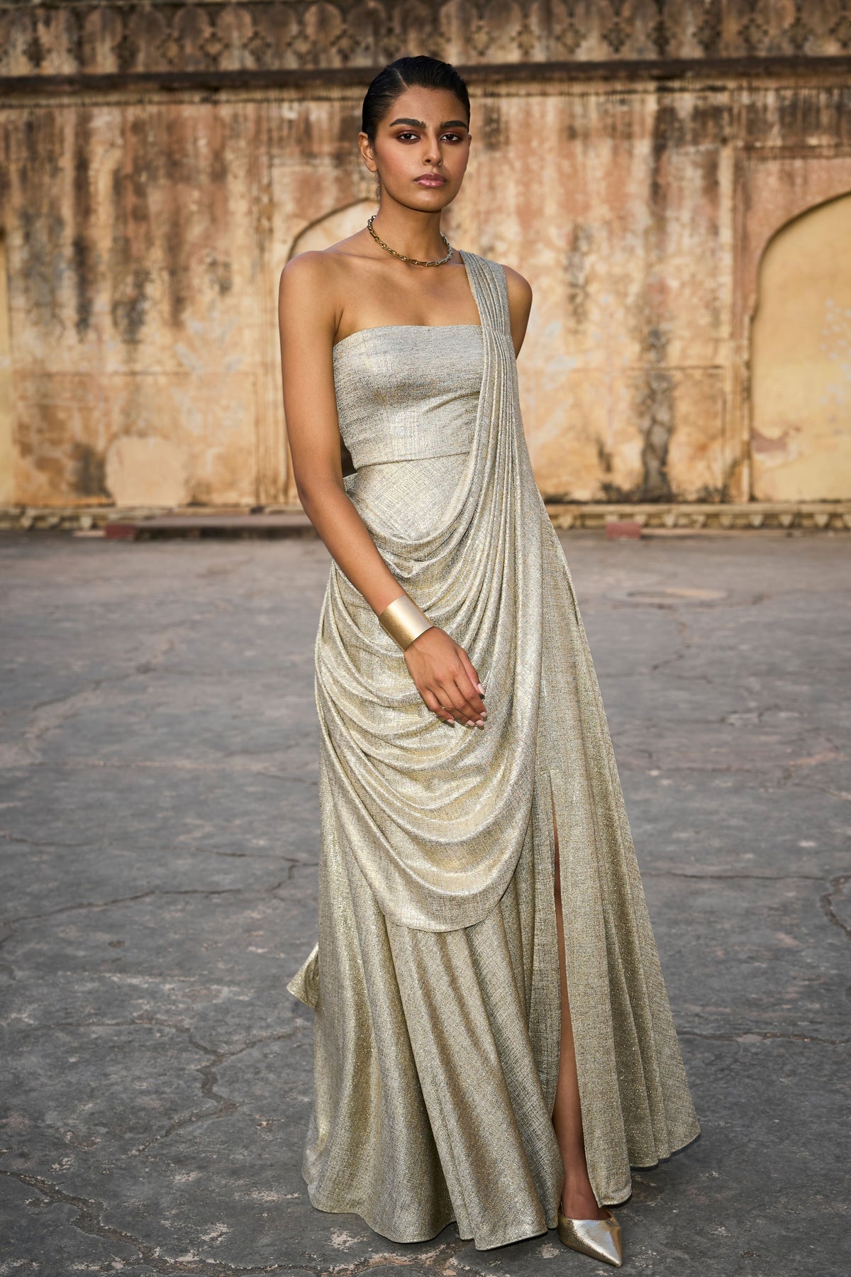 Champagne Saree Drape Gown