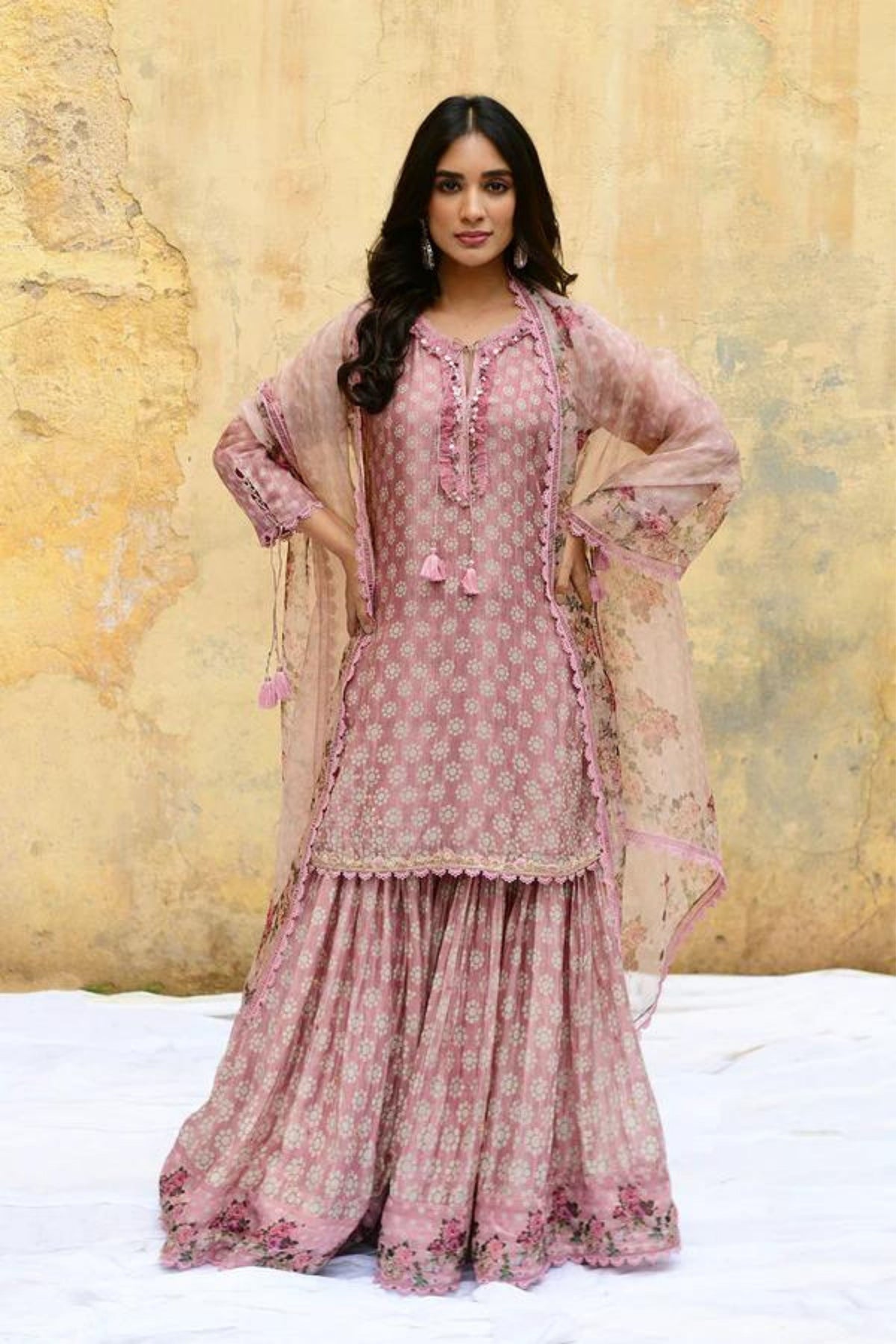 Pink Dotted Cascade Sharara Set