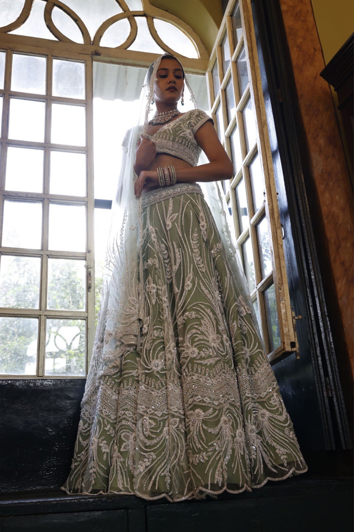 Sage Lehenga, Choli and Dupatta