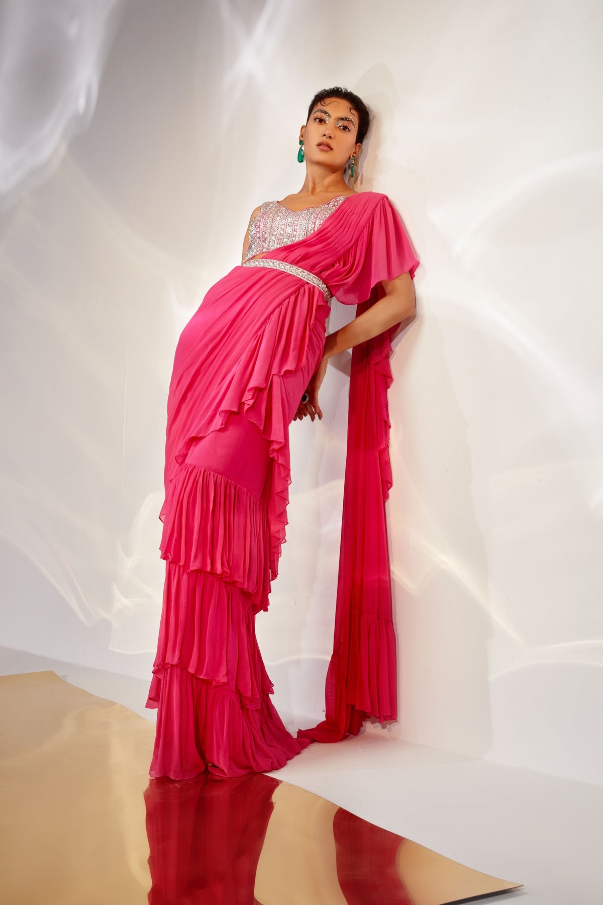 Pink Ruffle Drape Saree