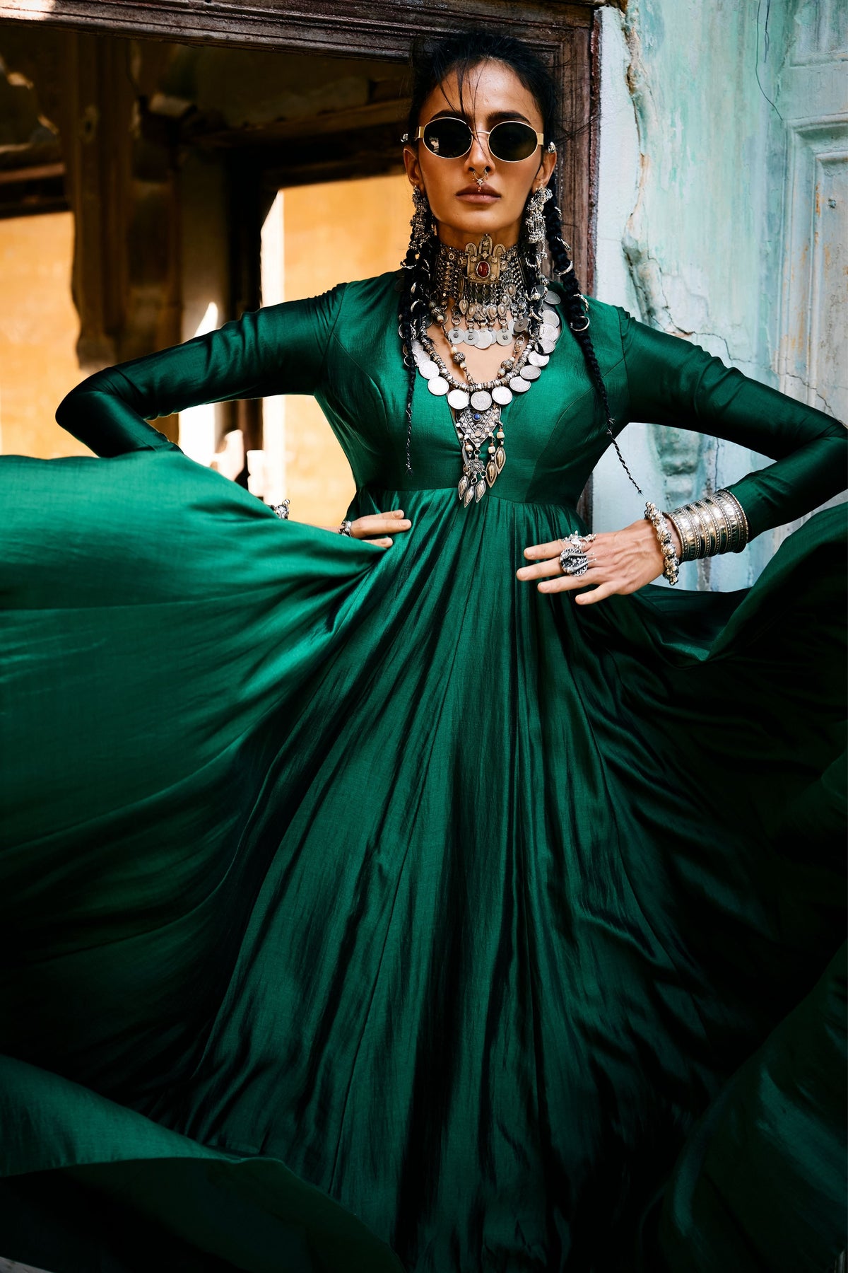 Emerald Green Plain Anarkali Set