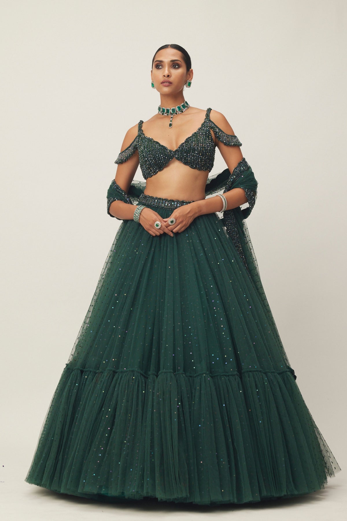 Dark Green Tulle Lehenga Set