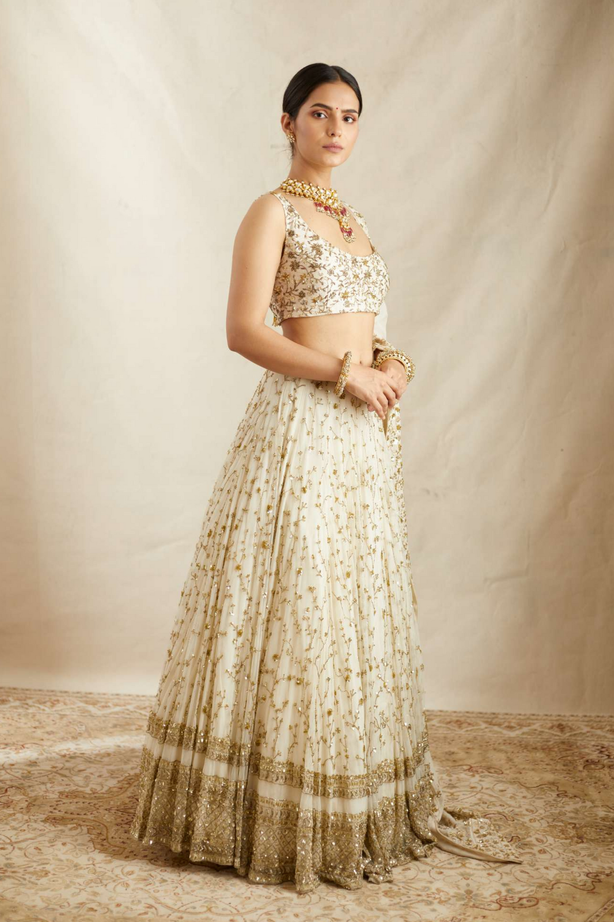 Off White Net Border Lehenga Set