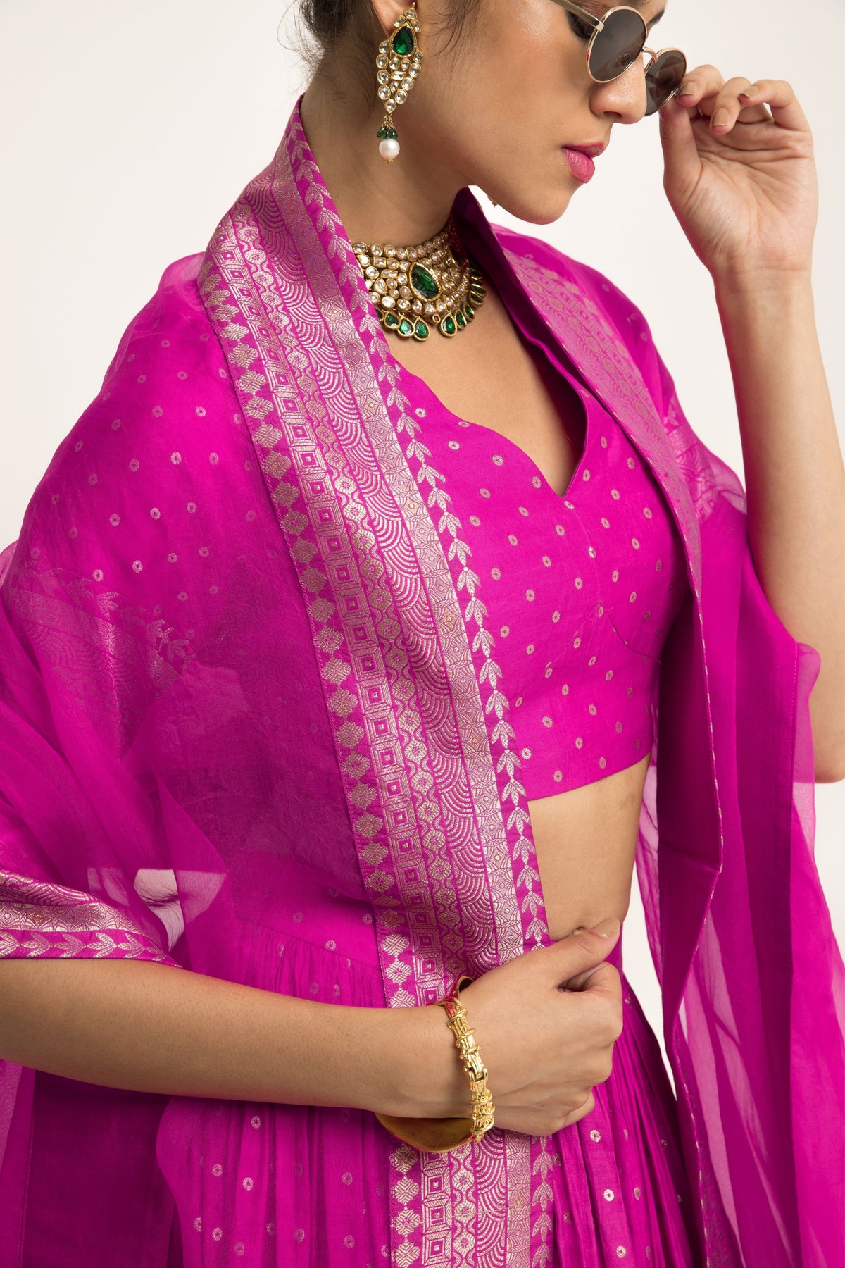 Fuschia Pink Dotted Lehenga Set