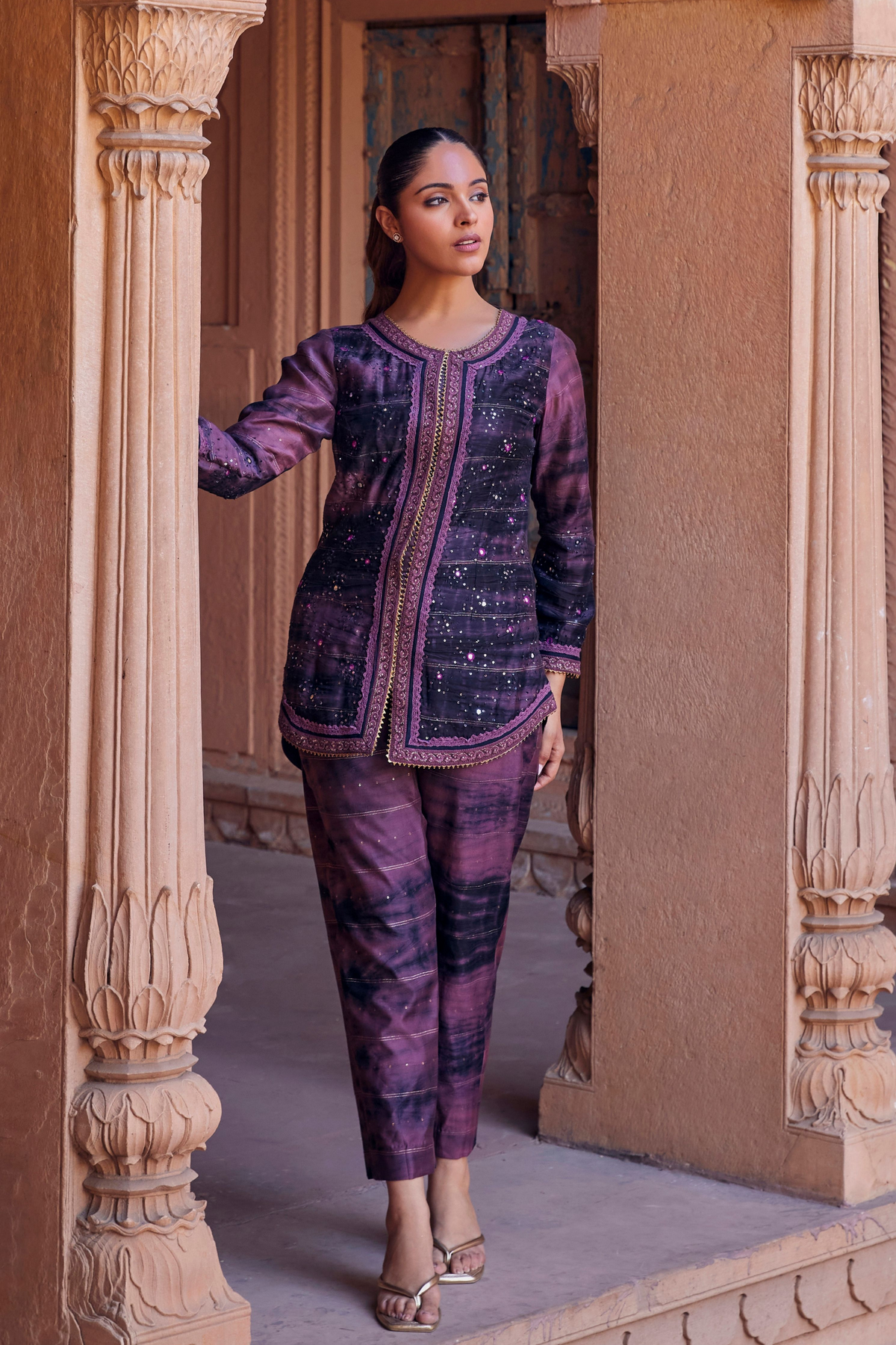 Roya Purple Black Chanderi Silk Co-ord Set