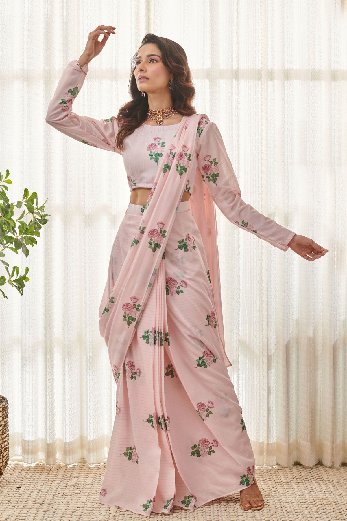 Sweet Pink Pre-drape Saree Set