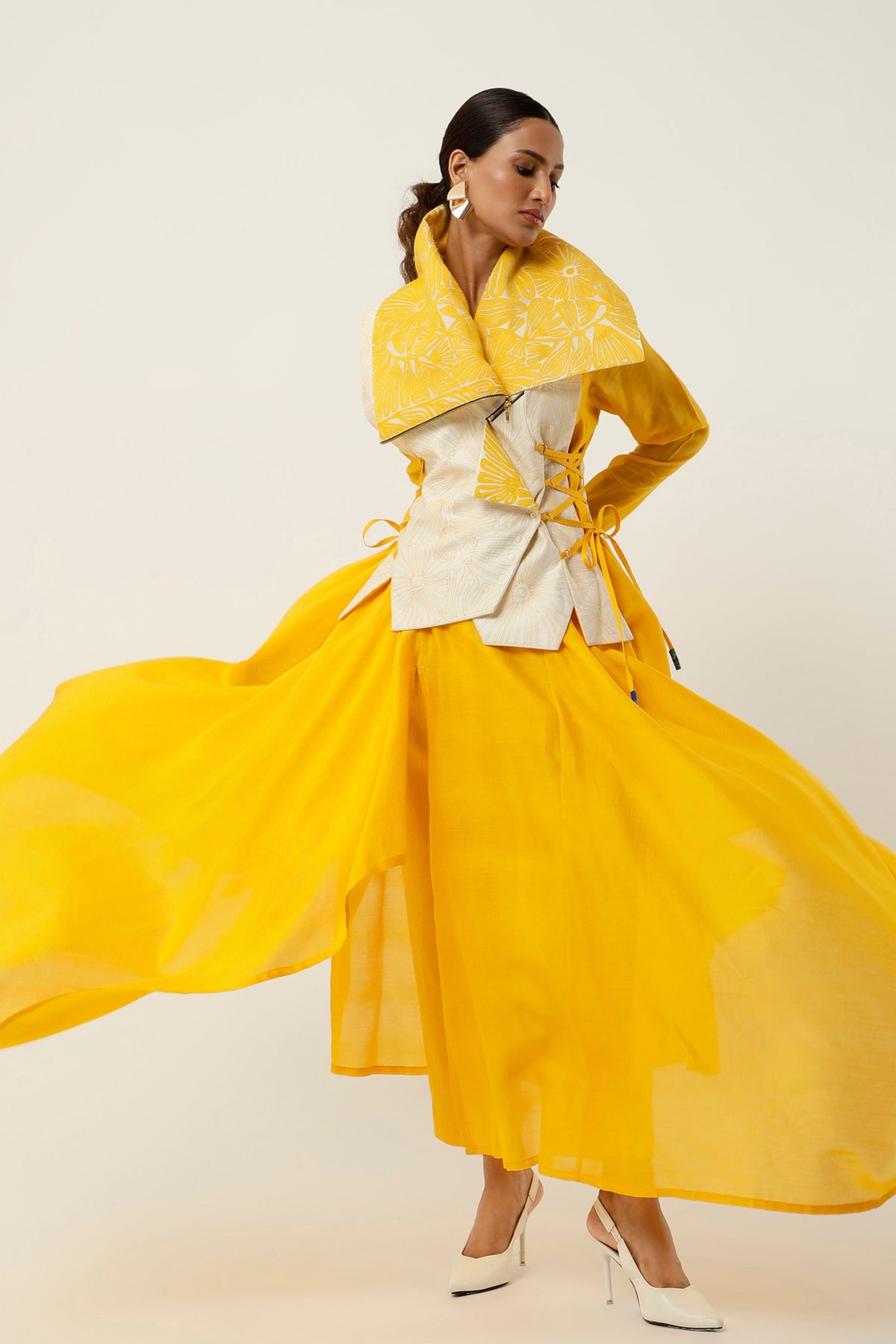 Yellow Drapped Collar Jacket Set