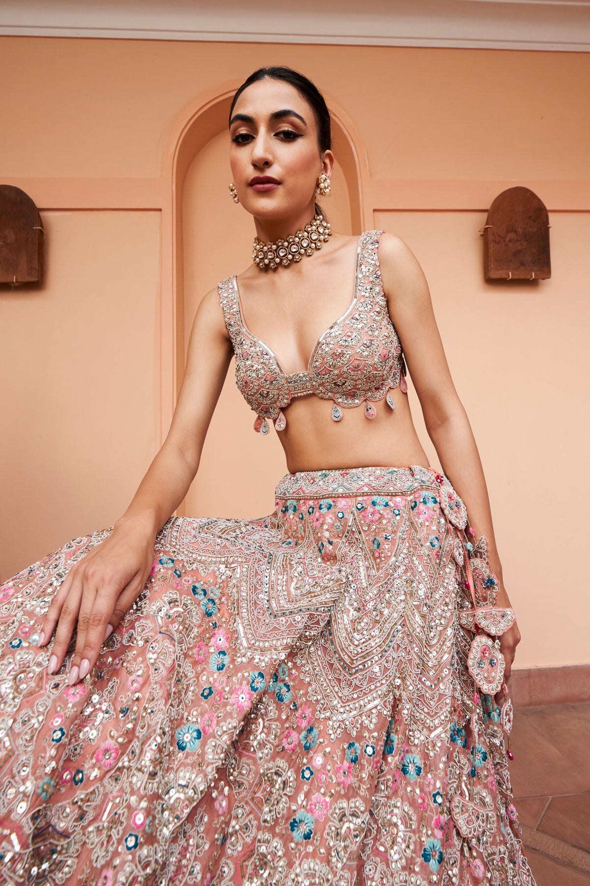 Coral Embroidered Lehenga Set