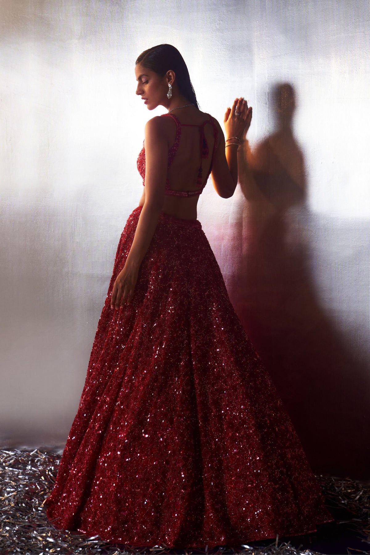 Red Net Crystals Lehenga Set