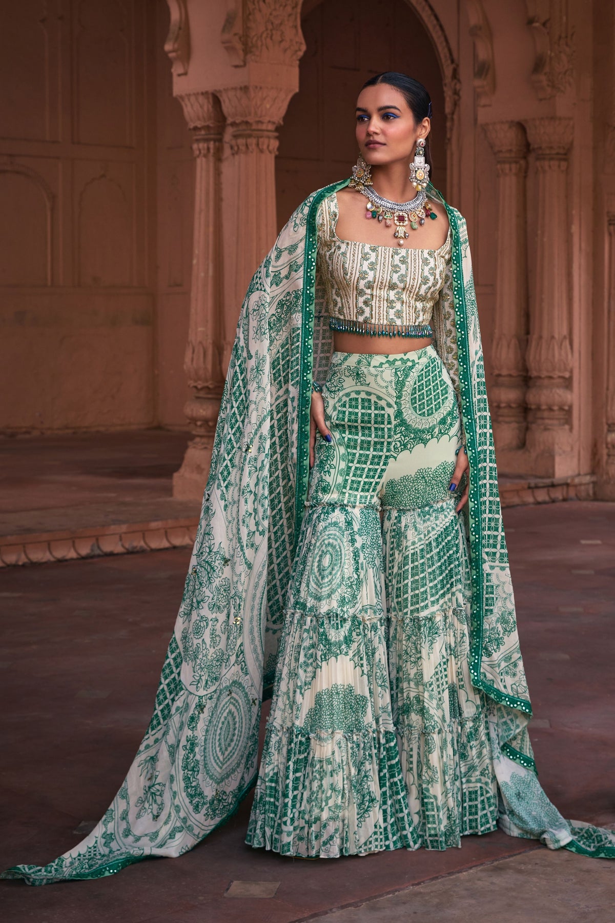 Green Embroidered Gharara Set