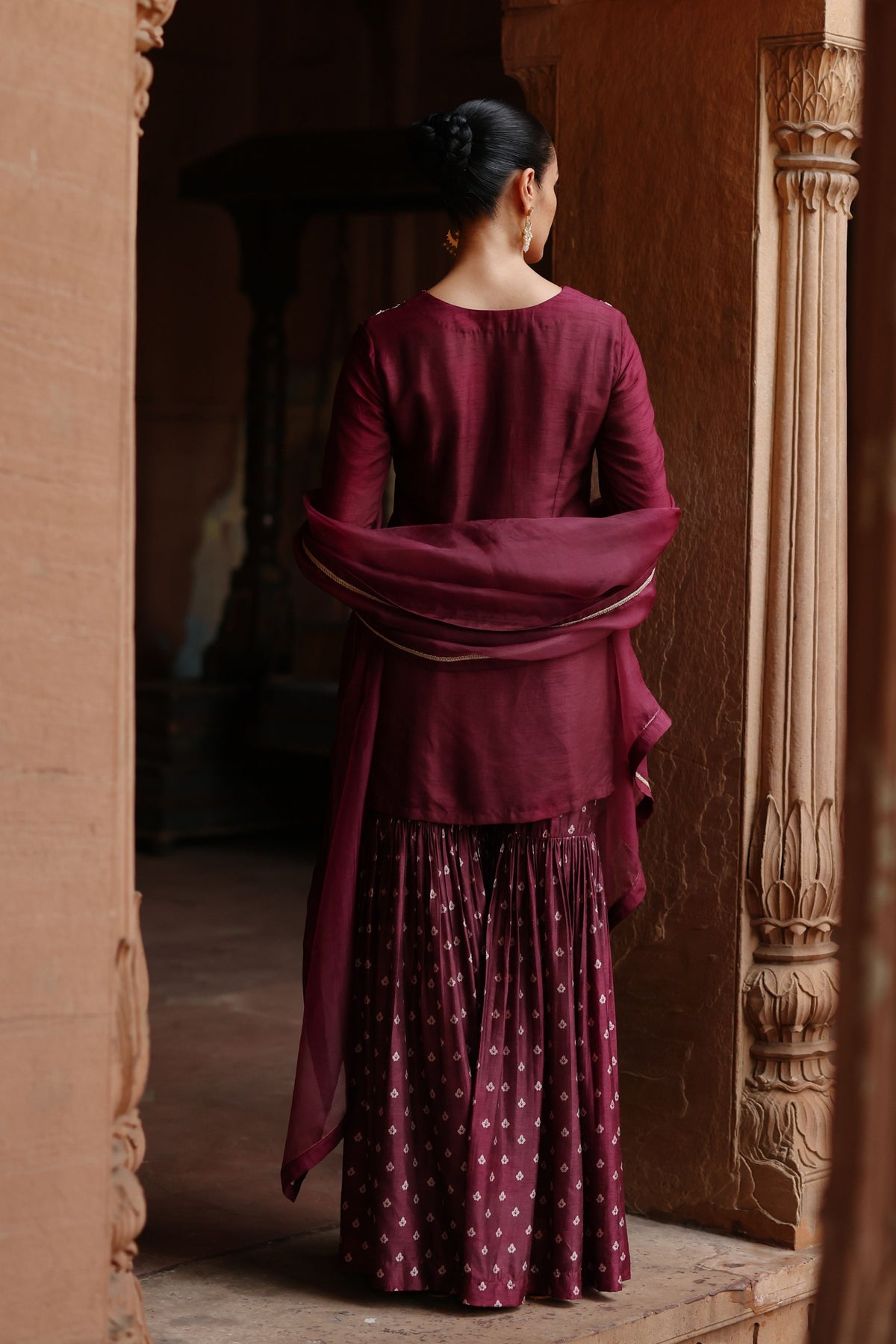 Wine Embroidered Sharara Set