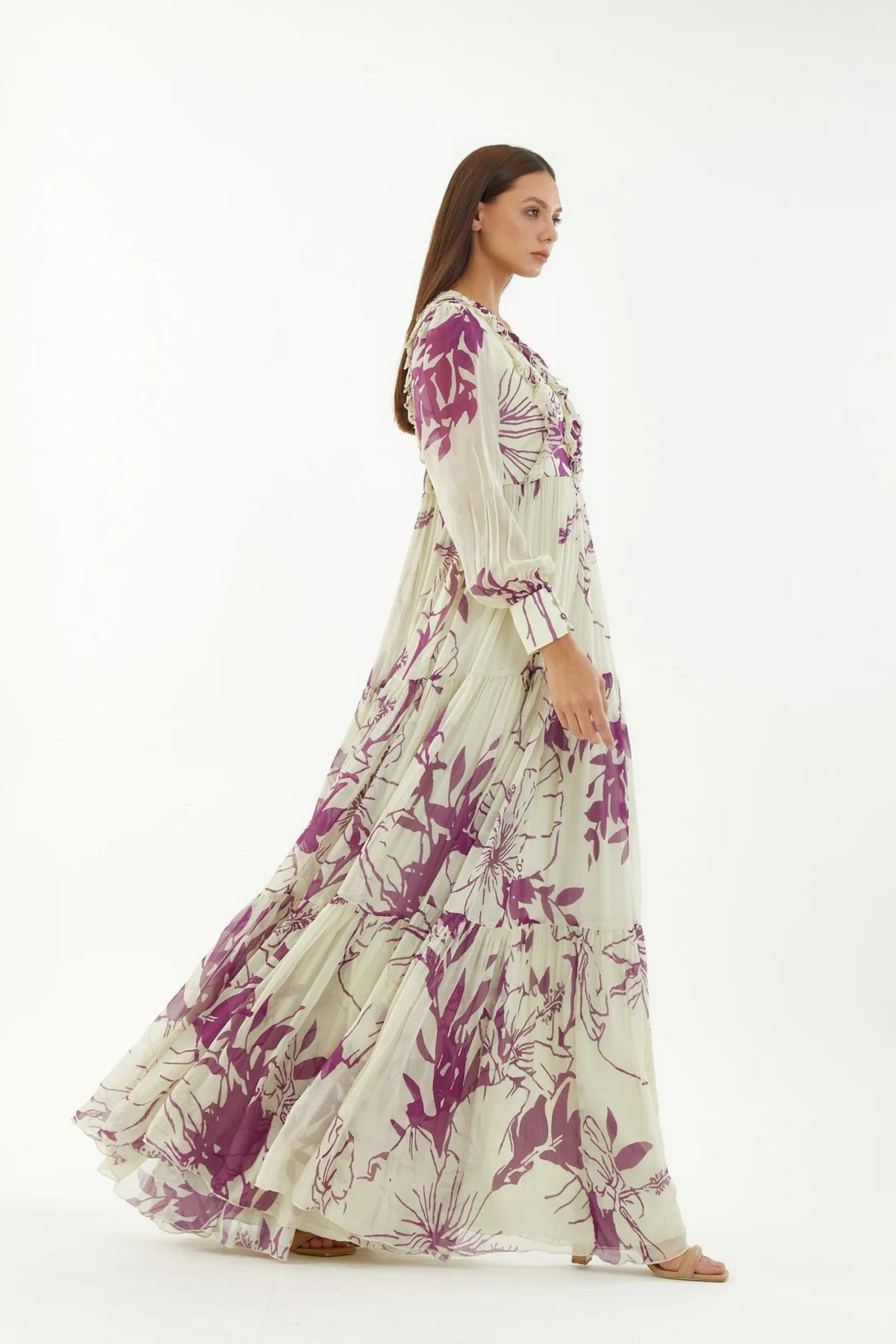 White And Purple Floral Long Dress