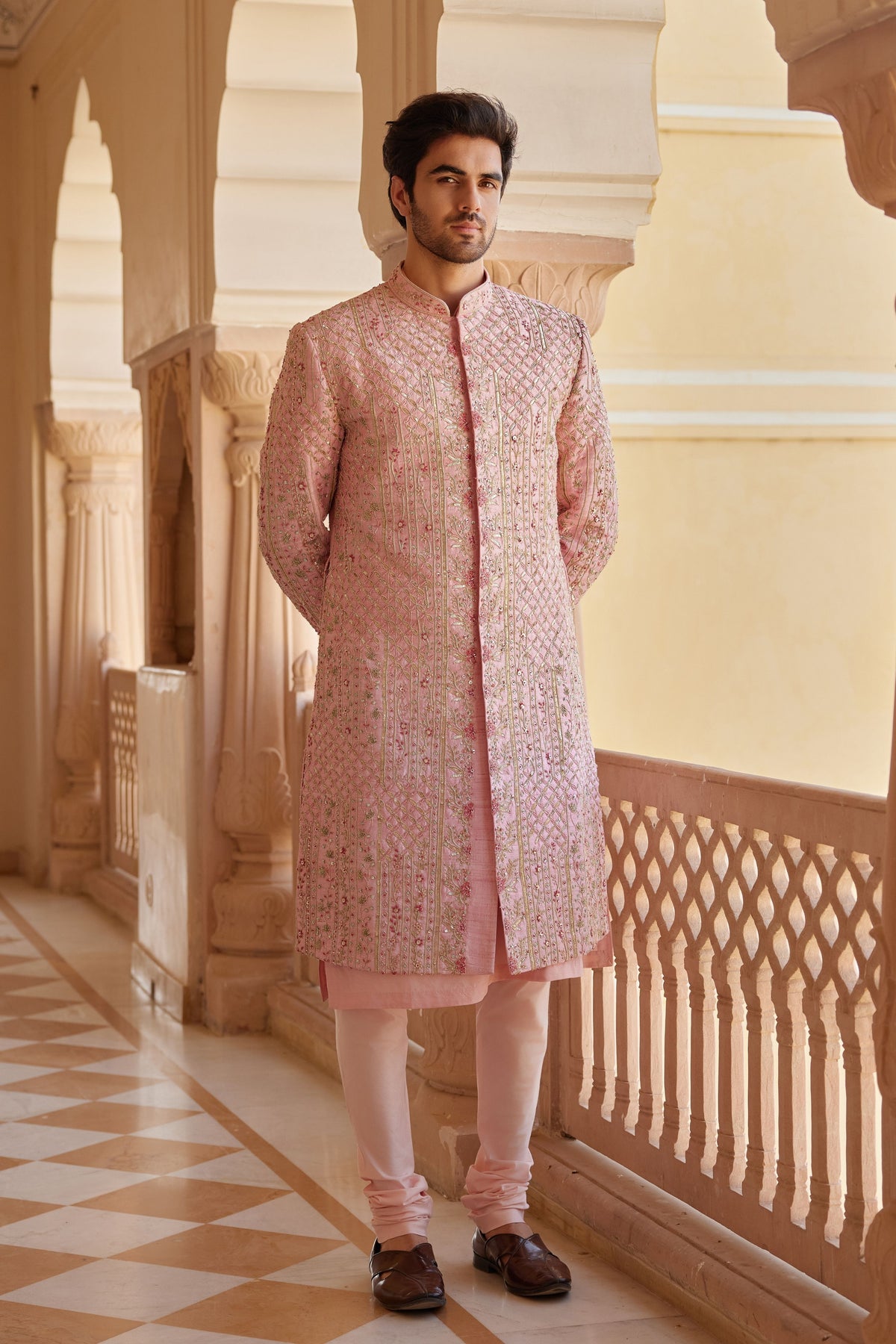 Flamingo Pink Embroidered Sherwani Set