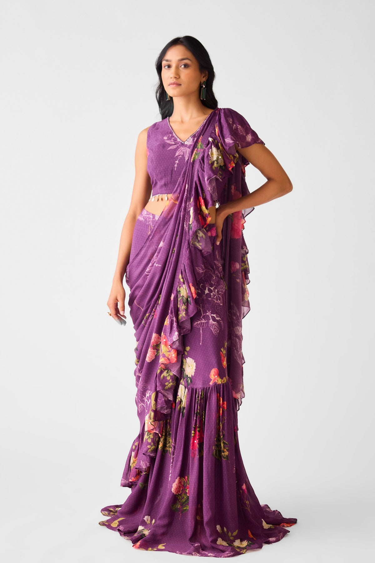 Purple Embroidered Floral Saree Set