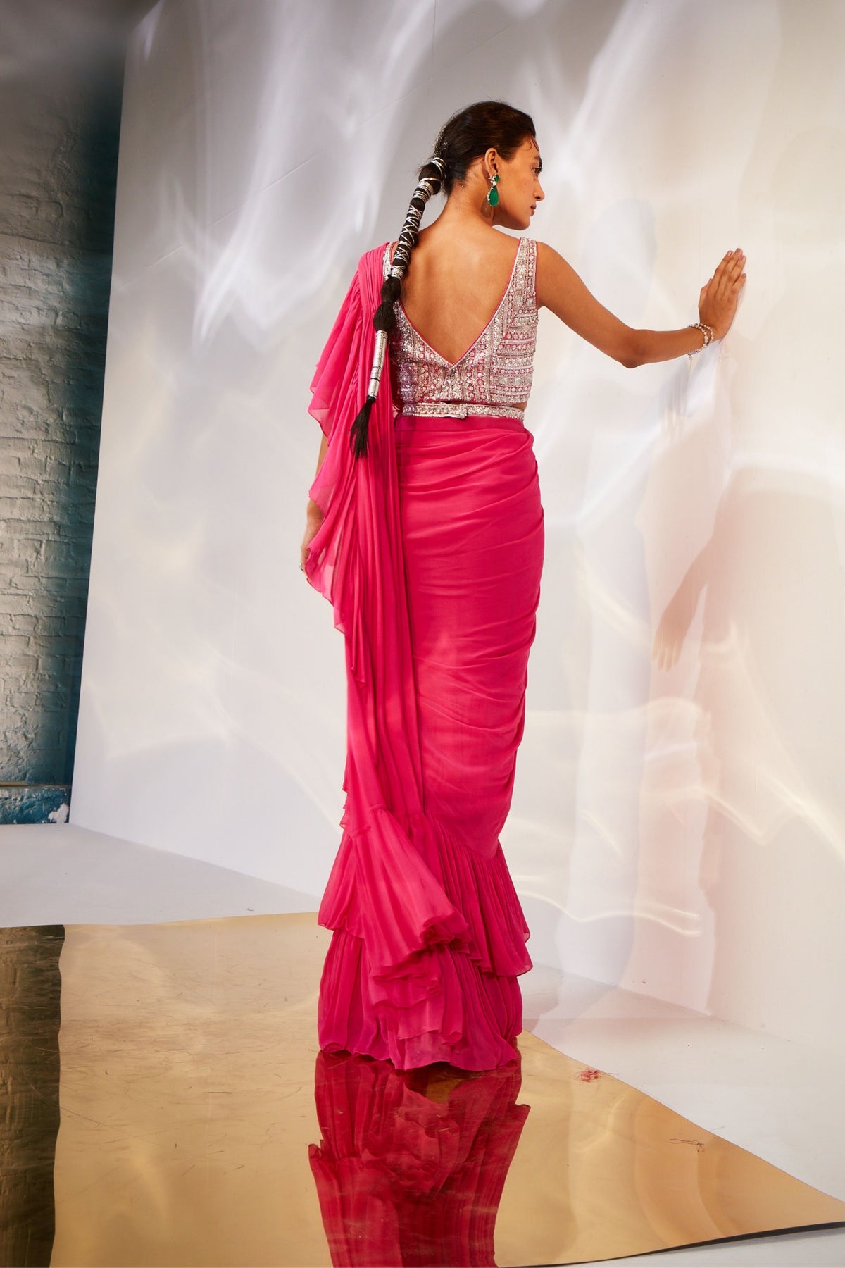 Pink Ruffle Drape Saree