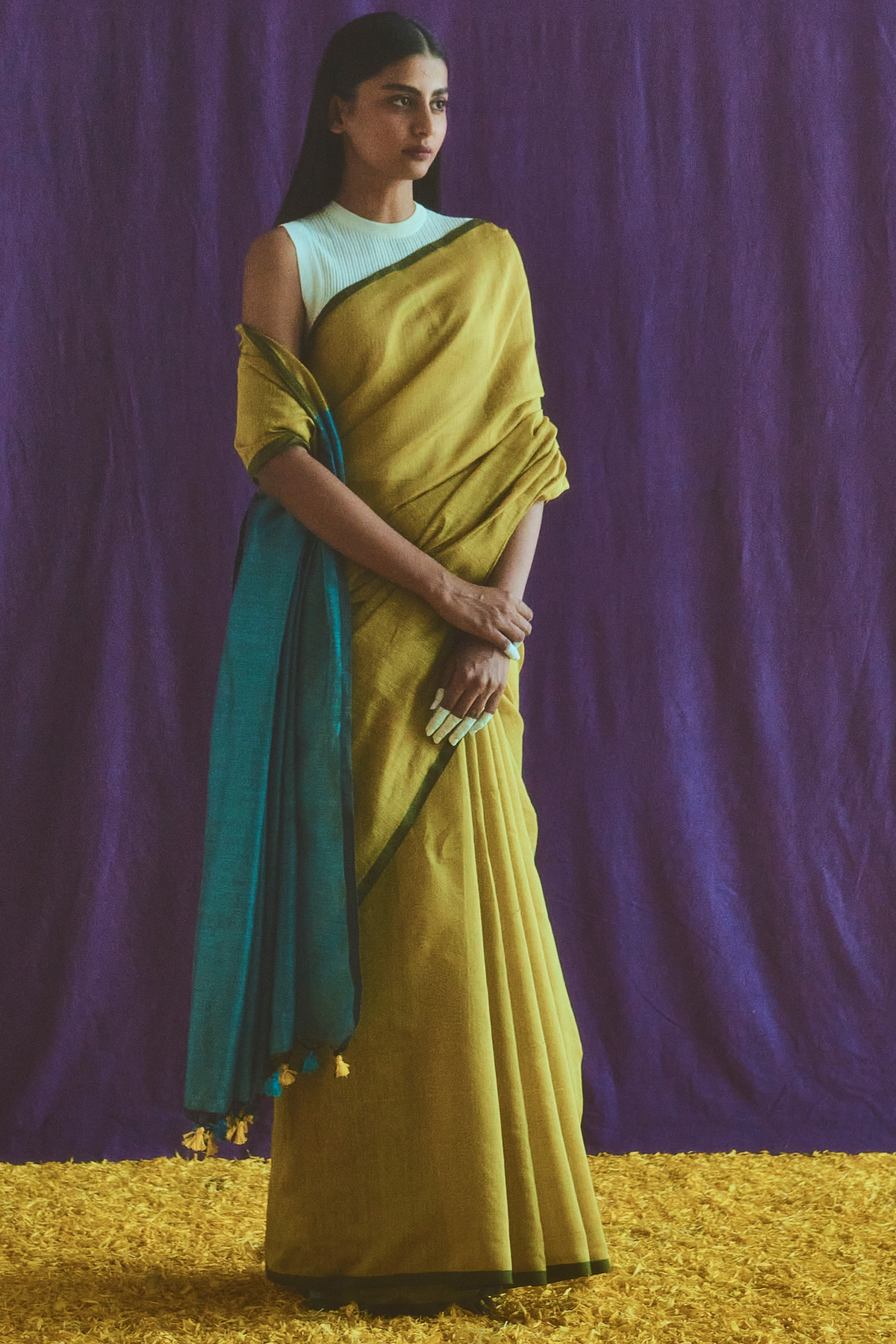 Yellow And Blue Cotton Silk Saree