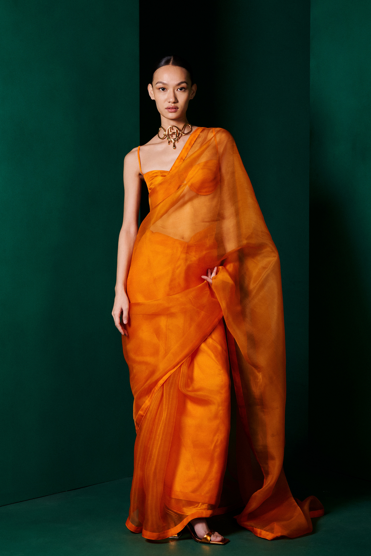 Handwoven Tangerine Orange Organza Sari