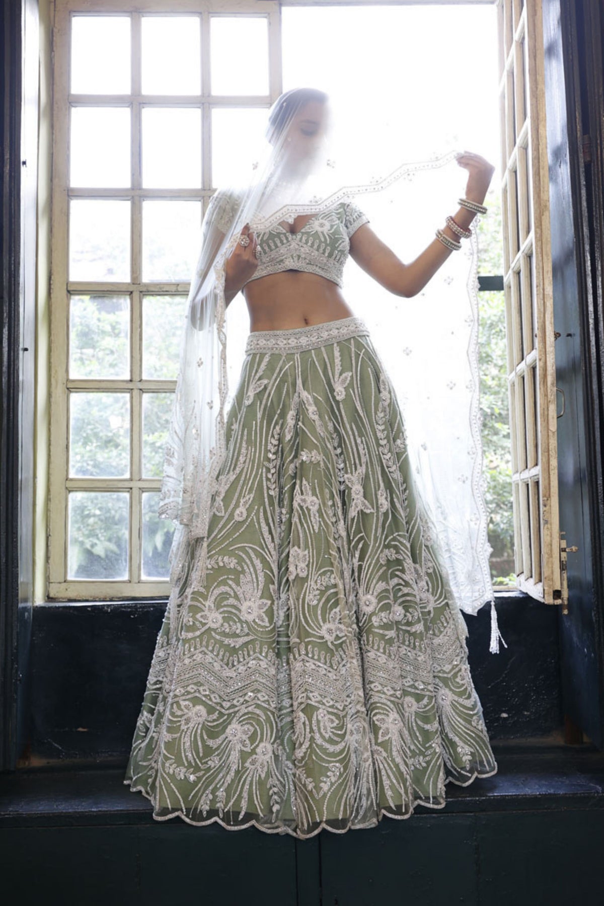 Sage Lehenga, Choli and Dupatta