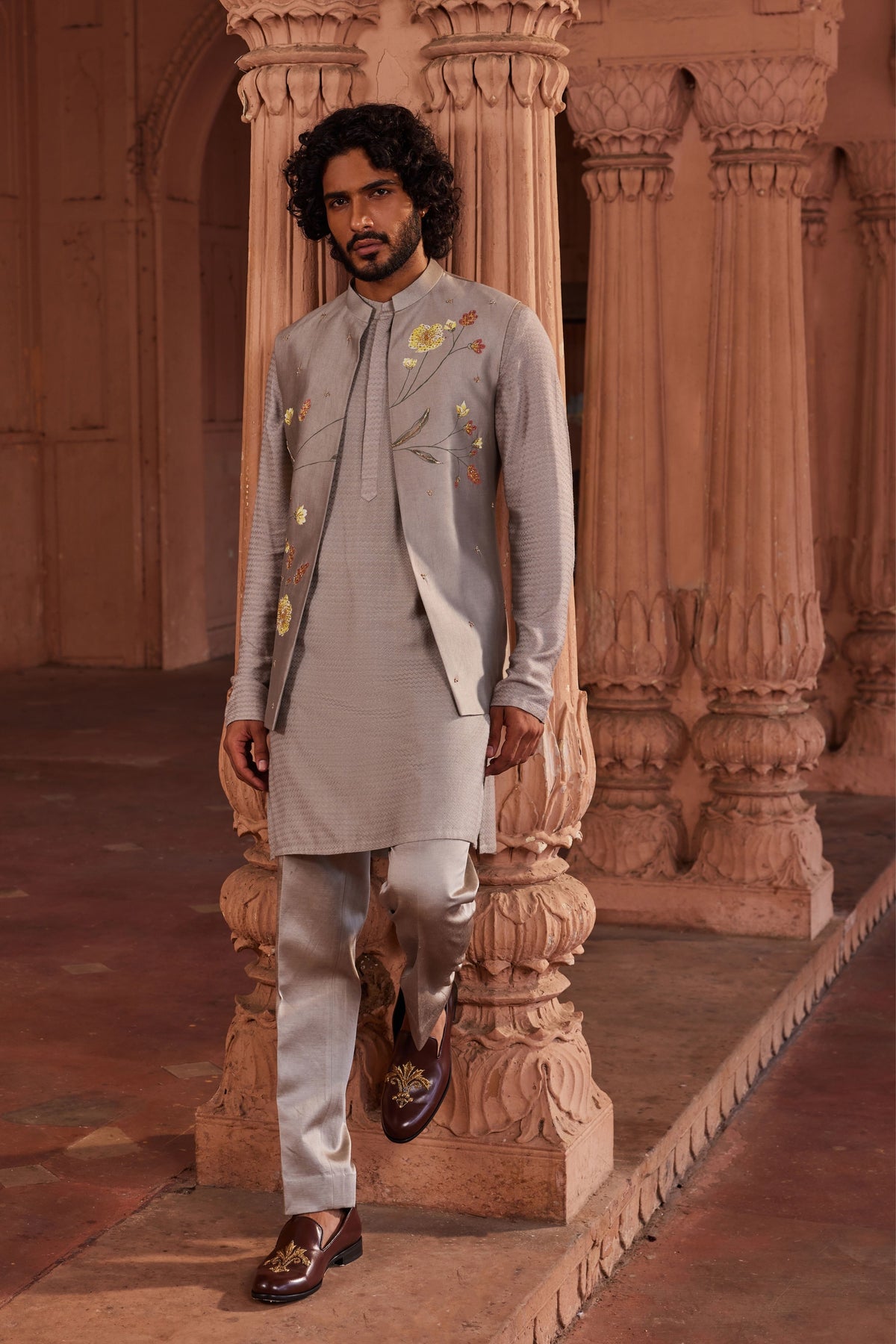 Olive Handpaint Silk Nehru Jacket Set